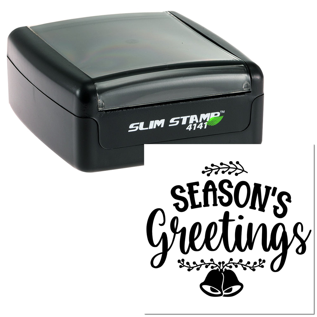 Black Slim Stamp 4141 self-inking stamp with white Season's Greetings seal design and bells.