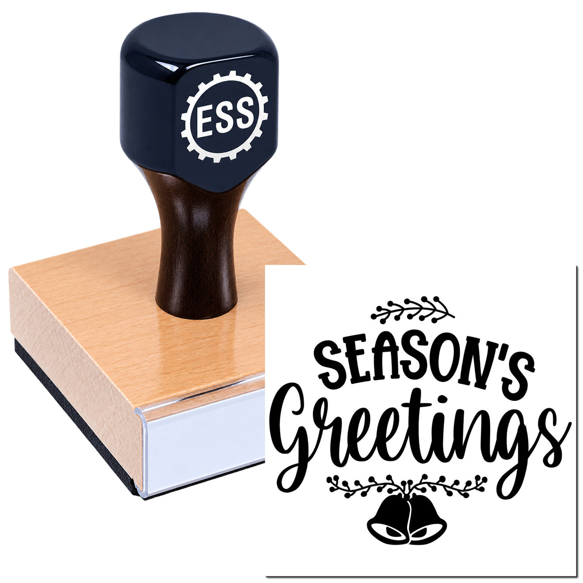 Navy ESS rubber stamp with wooden handle and Seasons Greetings seal design with bells