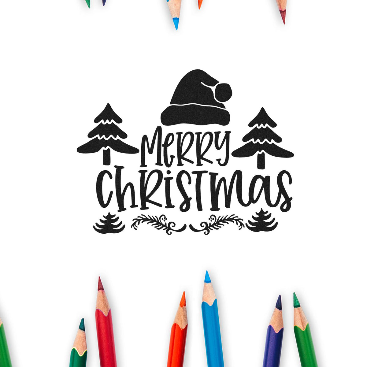 Black Merry Christmas stamp and seal with Santa hat, pine trees, and swirls on white, framed by colorful pencils.