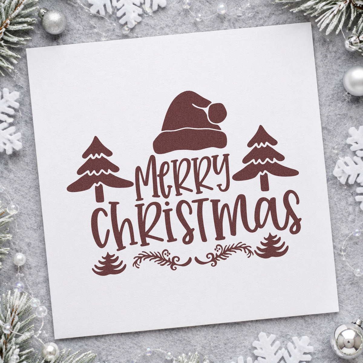 Merry Christmas Hat Trees rubber stamp printed in brown ink, ready for boxed note sheet and similar paper crafts.