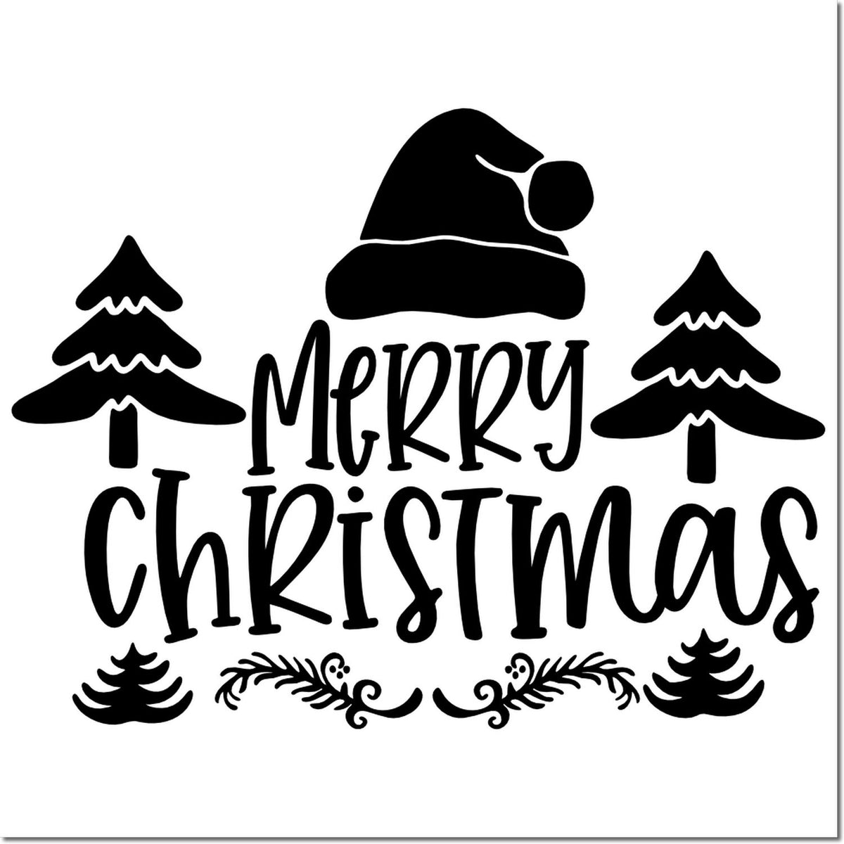 Black Merry Christmas stamp seal with Santa hat, pine trees, and decorative swirls.