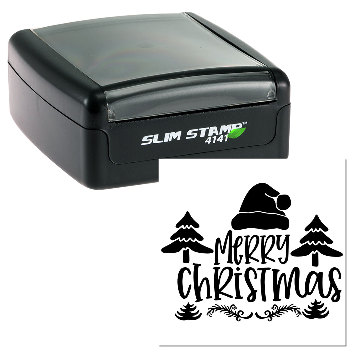 Black self-inking Slim Stamp 4141 with a festive Merry Christmas seal, Santa hat, and pine trees on a white background.