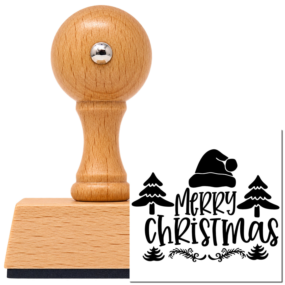 Vintage Pro beech wood stamp with a round knob handle, shown with its black Merry Christmas Hat Trees imprint on white.