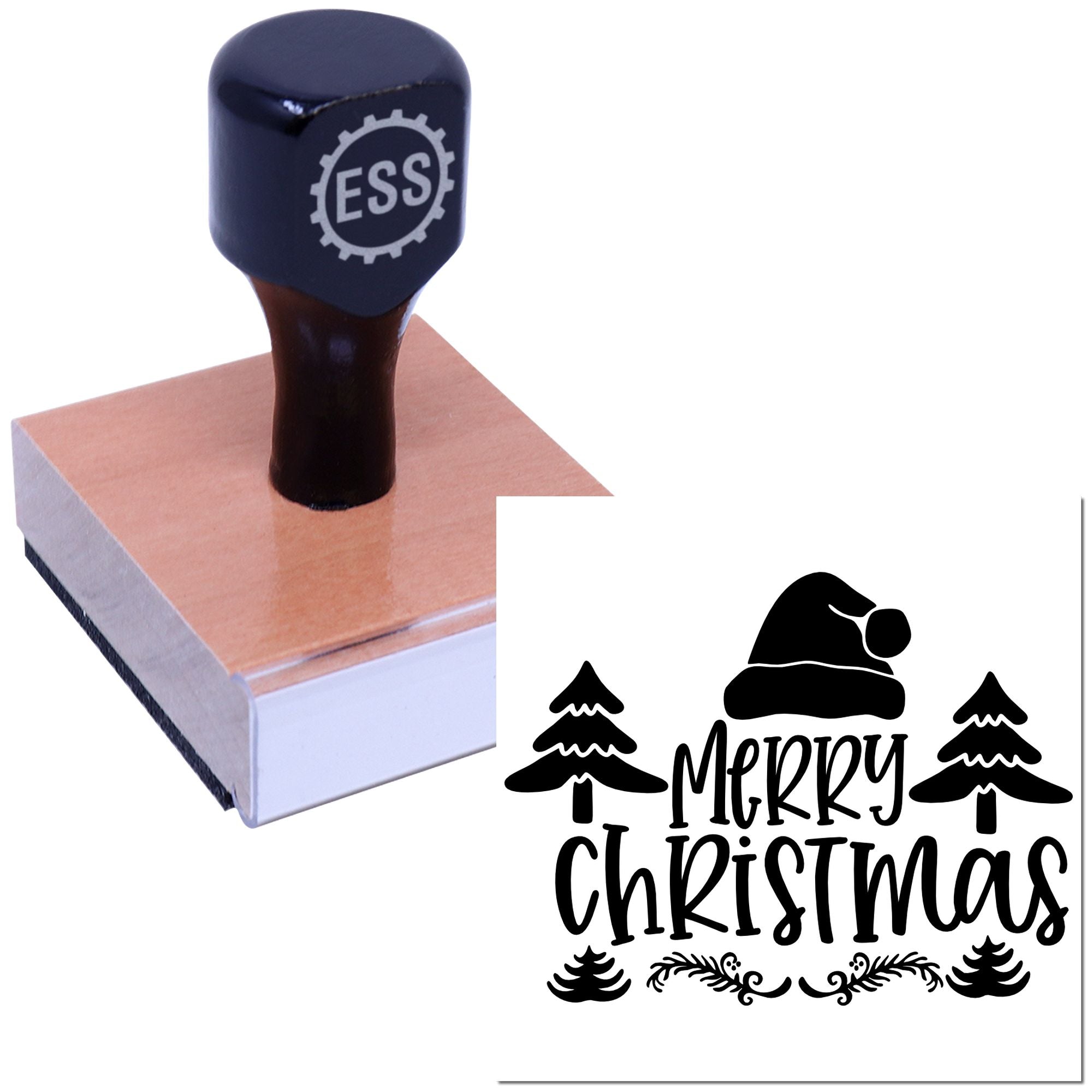 Navy ESS custom rubber stamp on wooden block beside black Merry Christmas seal with Santa hat, trees, and festive lettering.