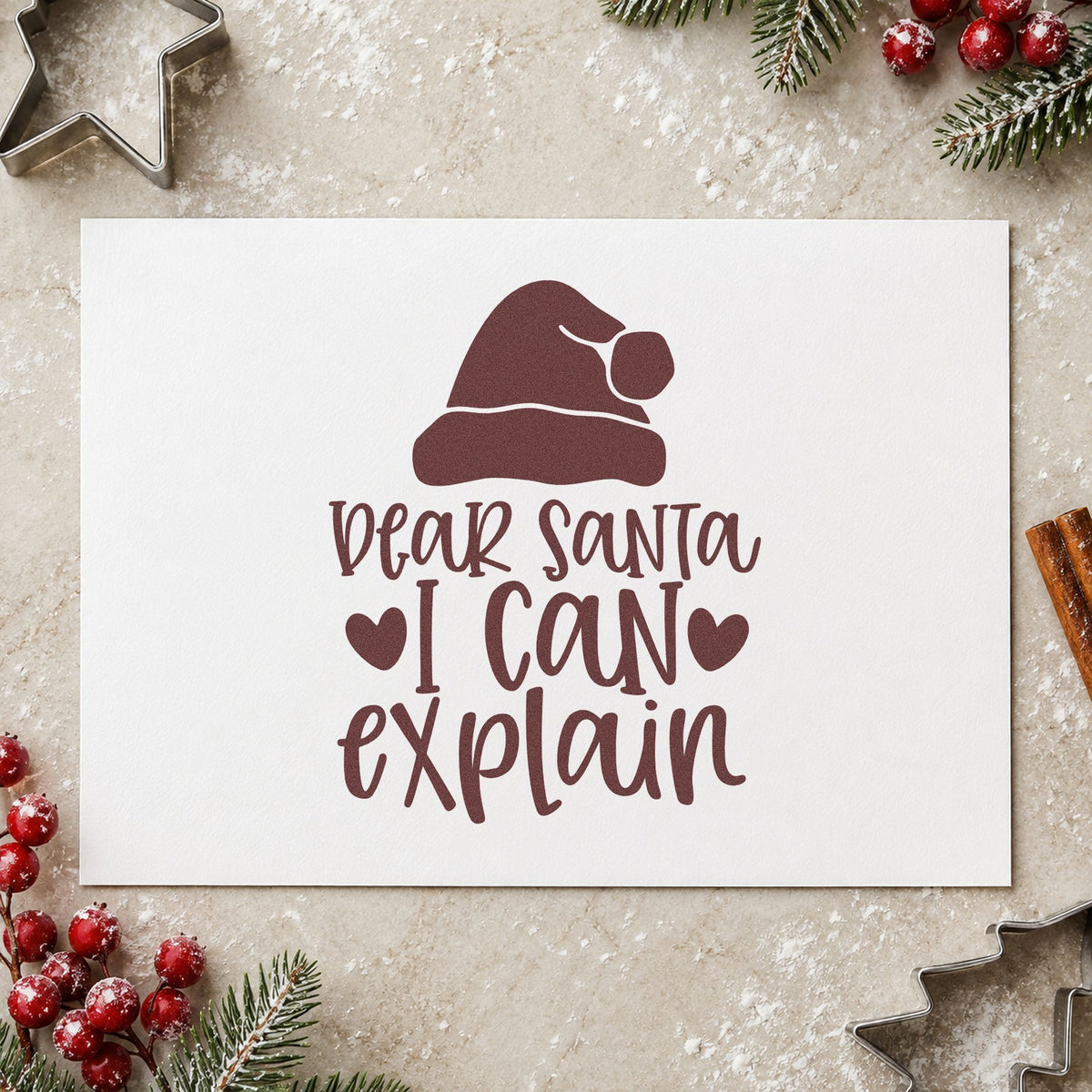 Dear Santa I Can Explain rubber stamp printed in brown ink, ready for amends list sheet and similar paper crafts.