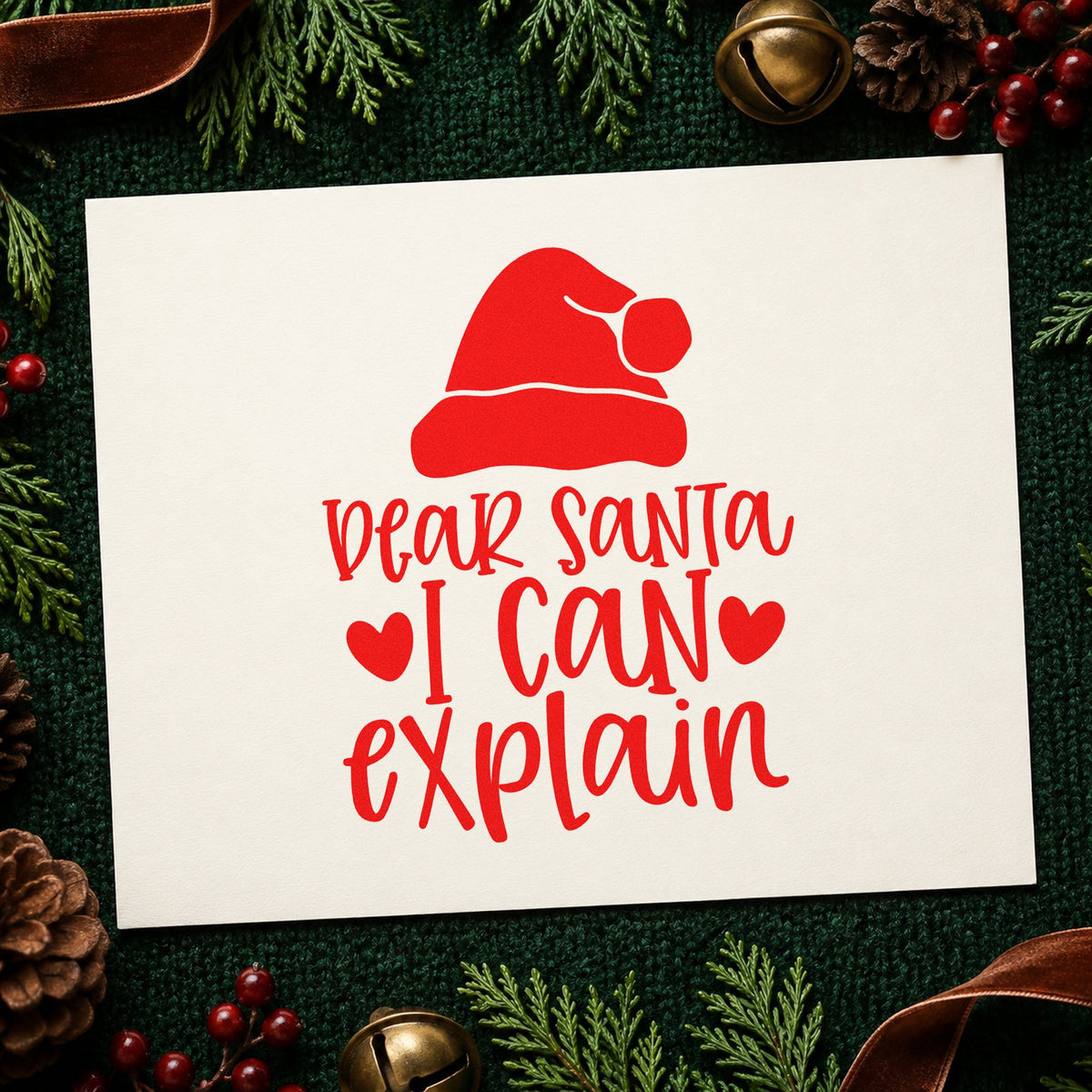 Dear Santa I Can Explain rubber stamp shown in red ink, stamped for projects such as memory box labels.