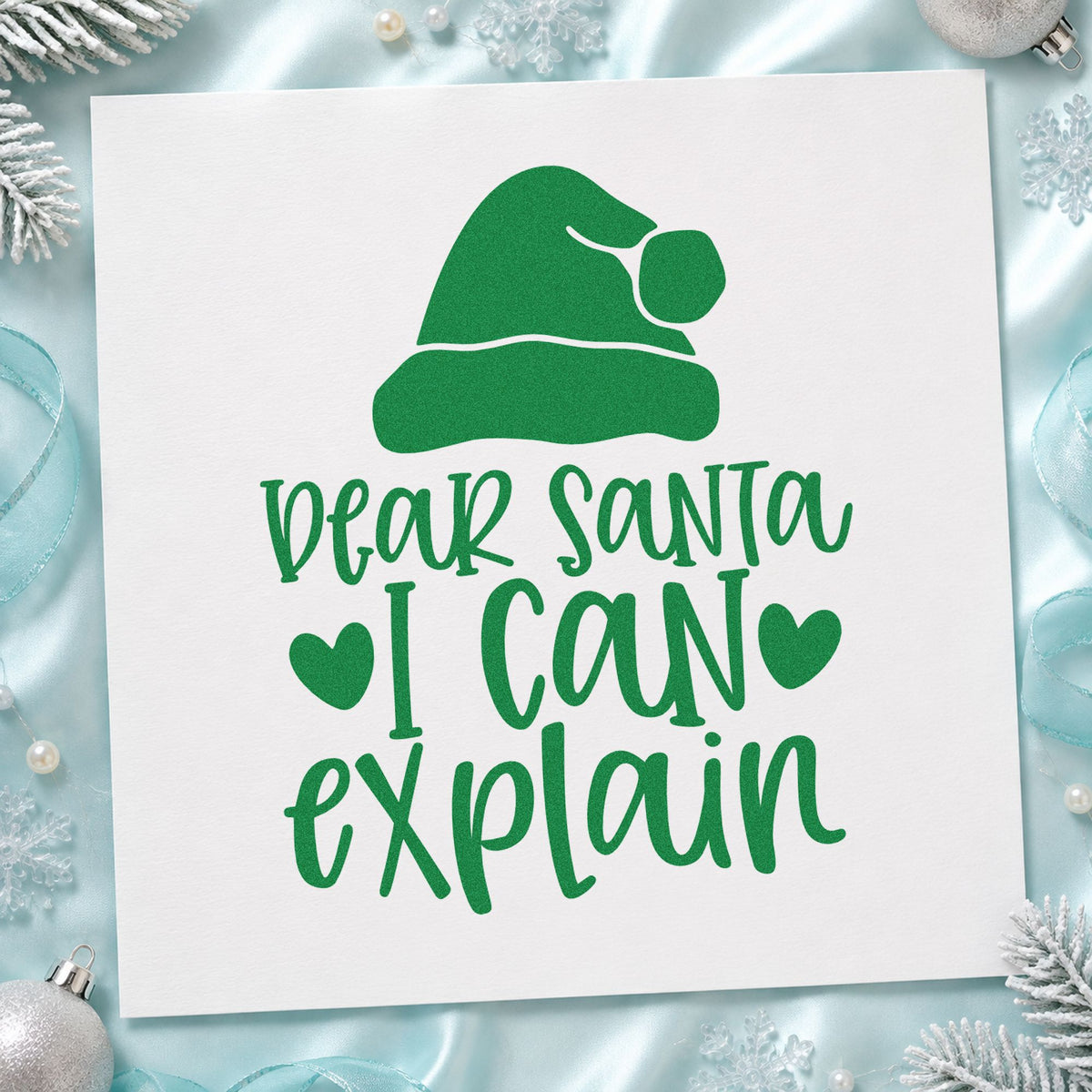Dear Santa I Can Explain craft stamp imprint in green ink on a handmade project, one idea being made up dinner cards.