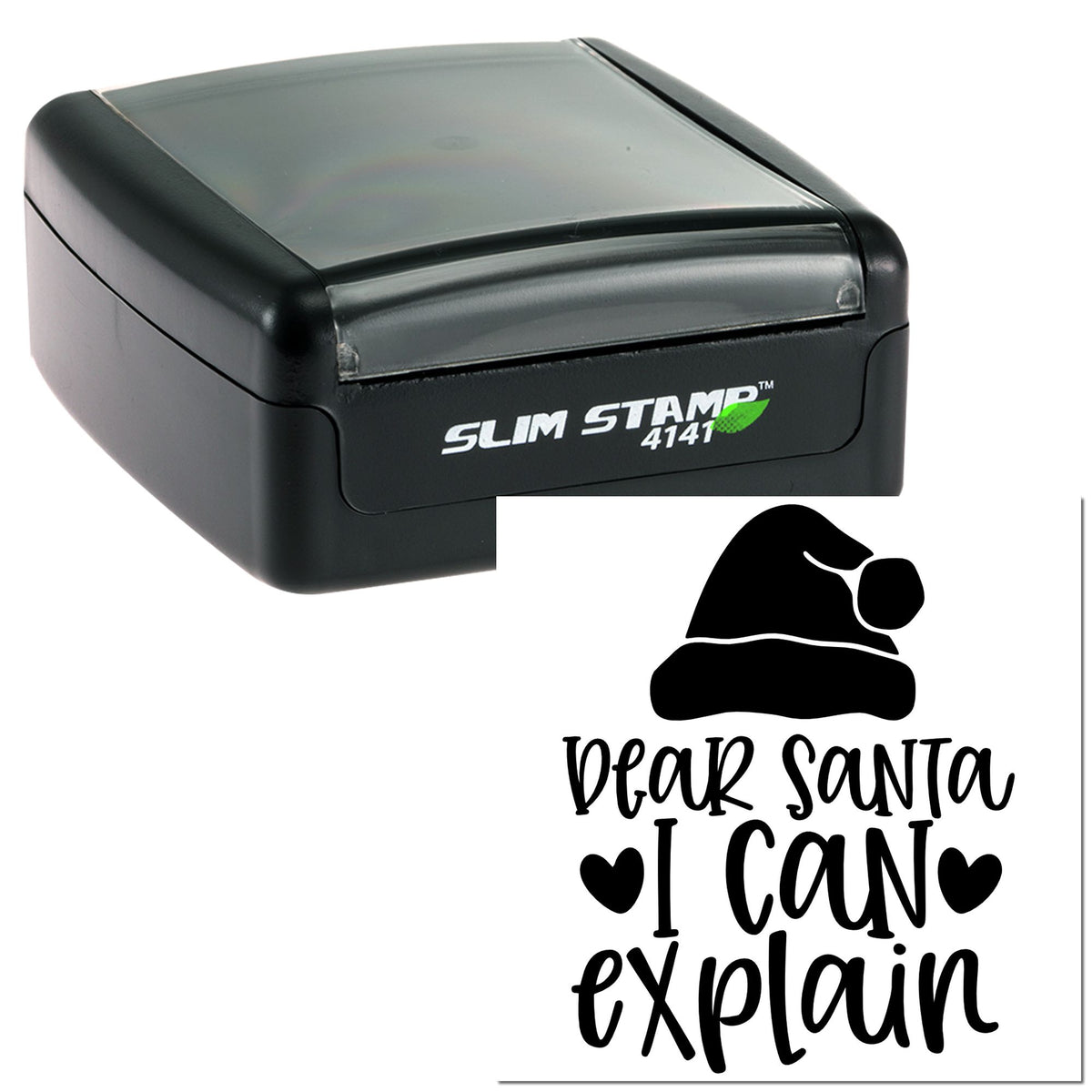 Black self-inking stamp and seal with clear cover, featuring white Dear Santa, I can explain design and Santa hat icon.
