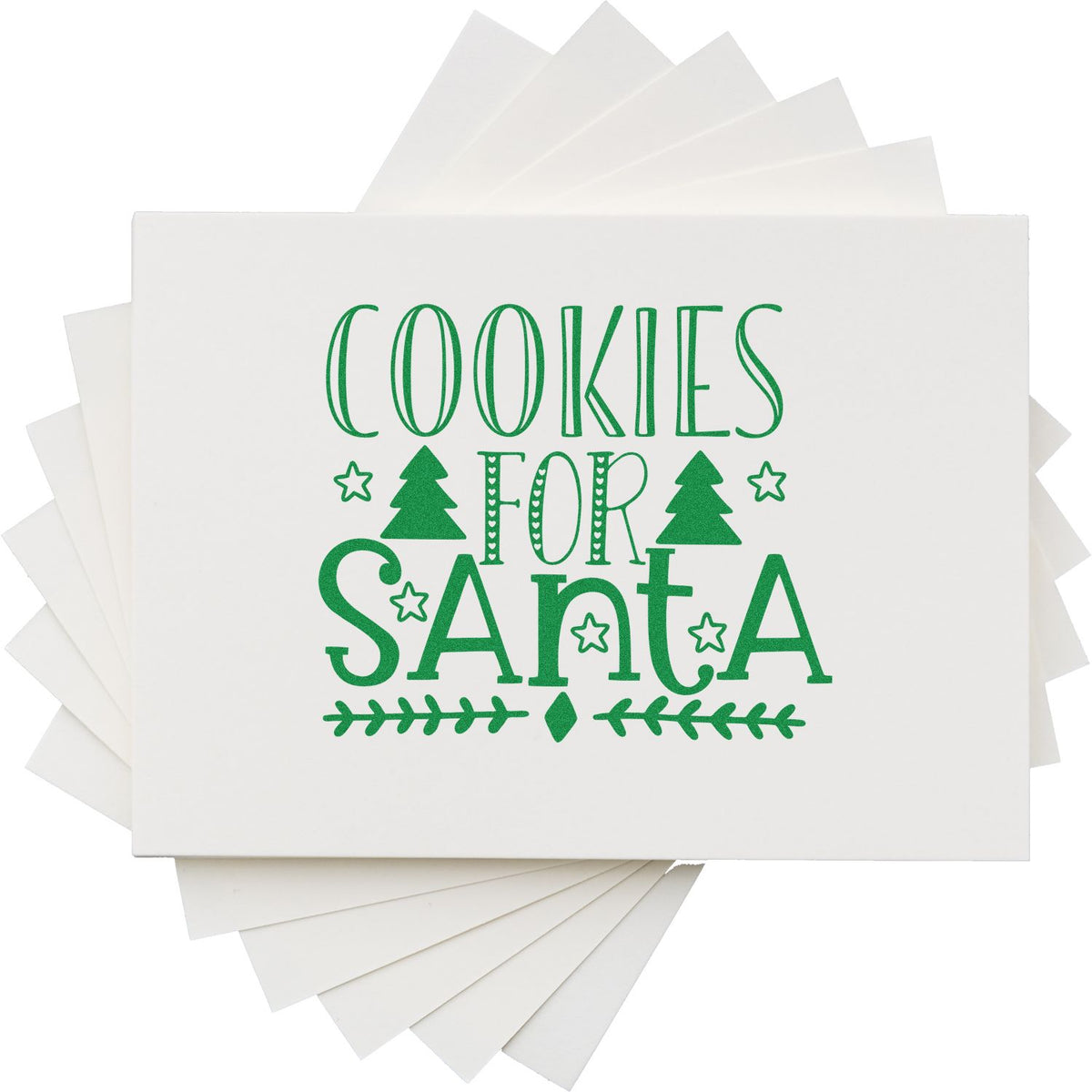 Green Cookies for Santa stamp and seal on white cardstock with trees, stars, and layered paper samples.