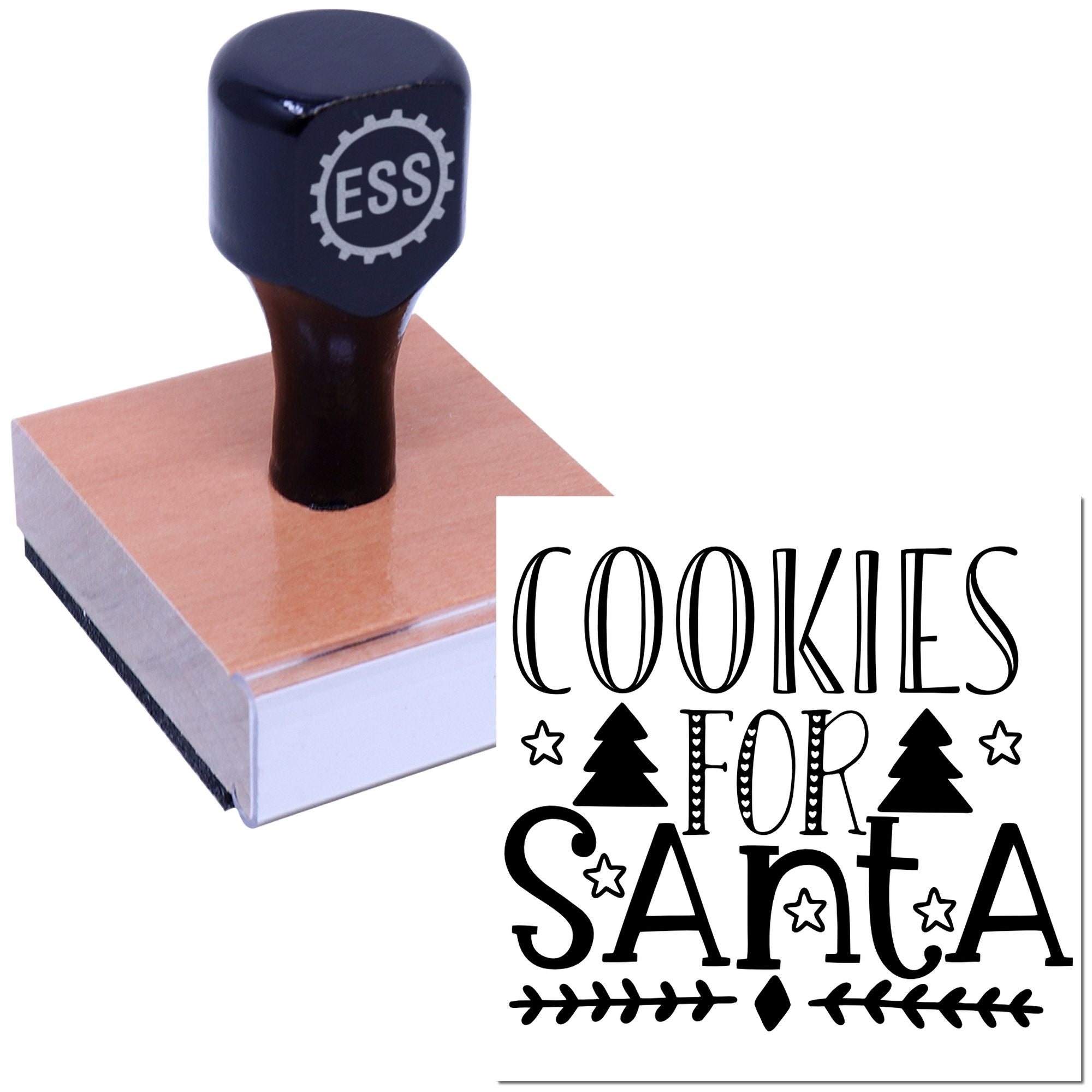 Dark blue stamp and seal product on a wooden block with a black Cookies for Santa design.