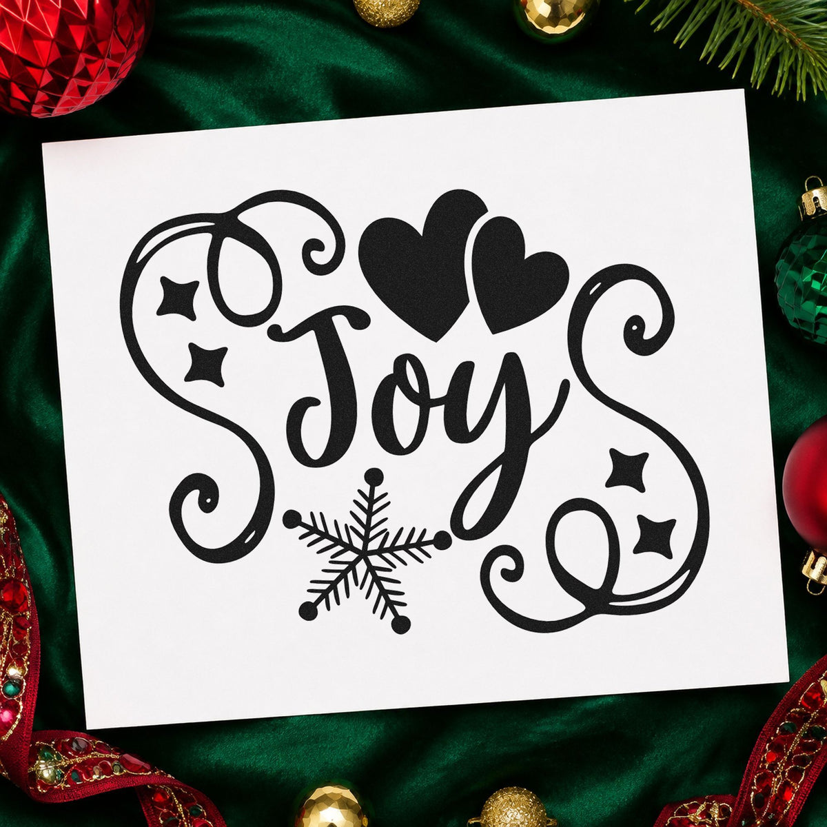 Joy Hearts Snowflake Flourish rubber stamp printed in black ink, ready for hearts around cards and similar paper crafts.