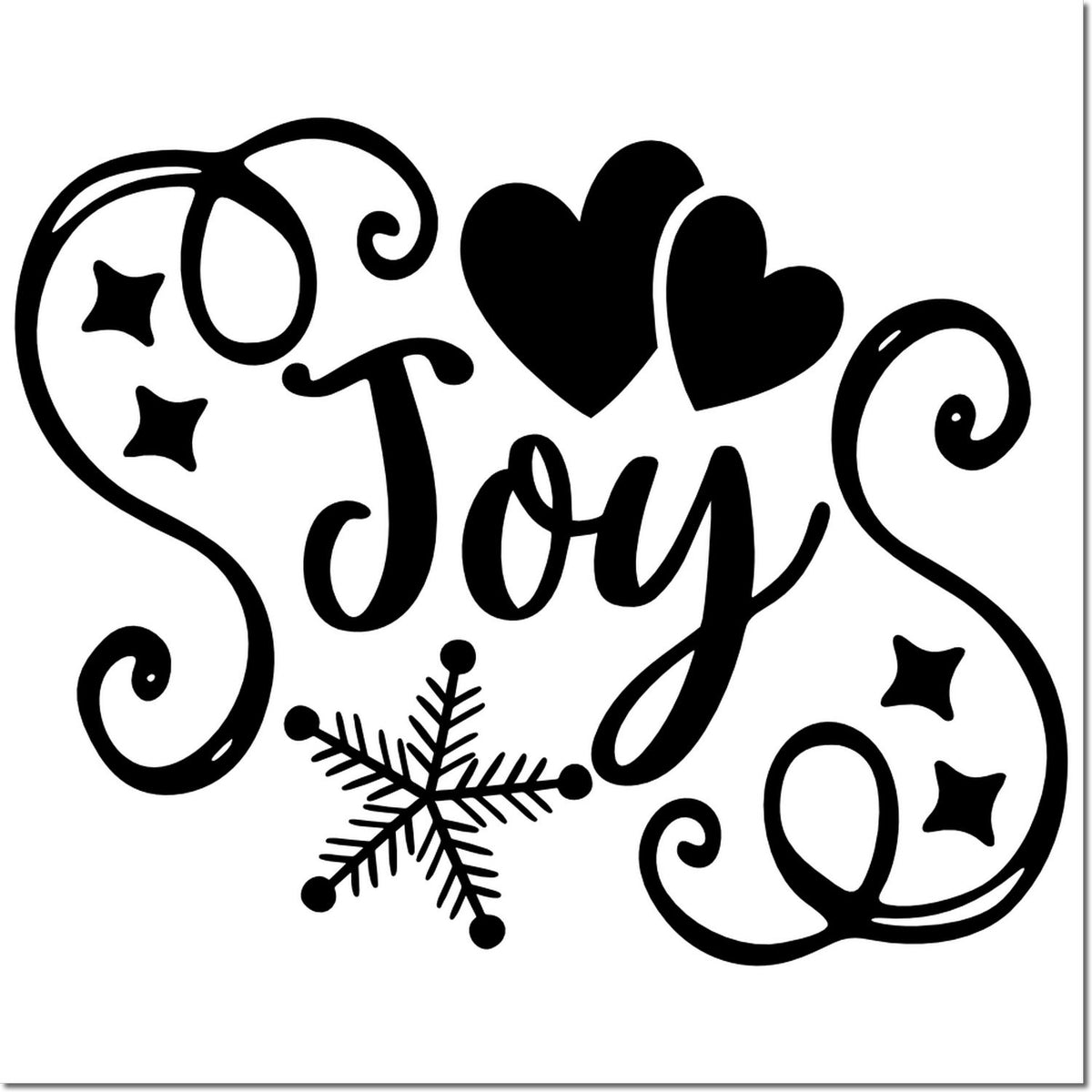 Black decorative Joy stamp seal with hearts, stars, and snowflake on white background.