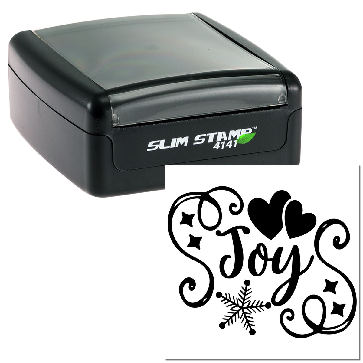 Black Slim Stamp 4141 self-inking stamp with decorative Joy seal design, hearts, and snowflake on white background.