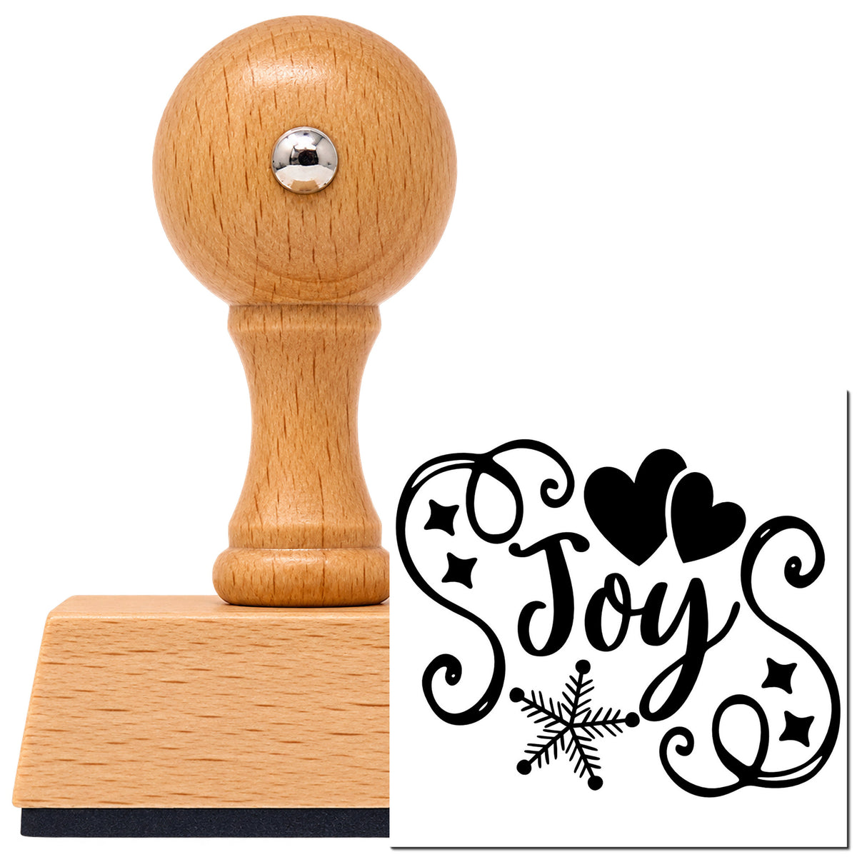 Vintage Pro beech wood stamp with a round knob handle, shown with its black Joy Hearts Snowflake Flourish imprint on white.