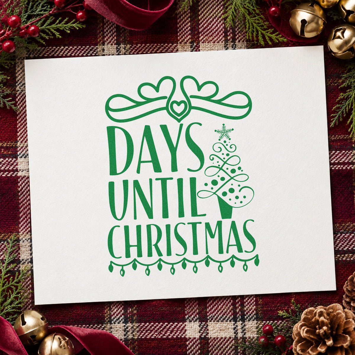 Days Until Christmas Bow craft stamp imprint in green ink on a handmade project, one idea being bulb row gift tags.