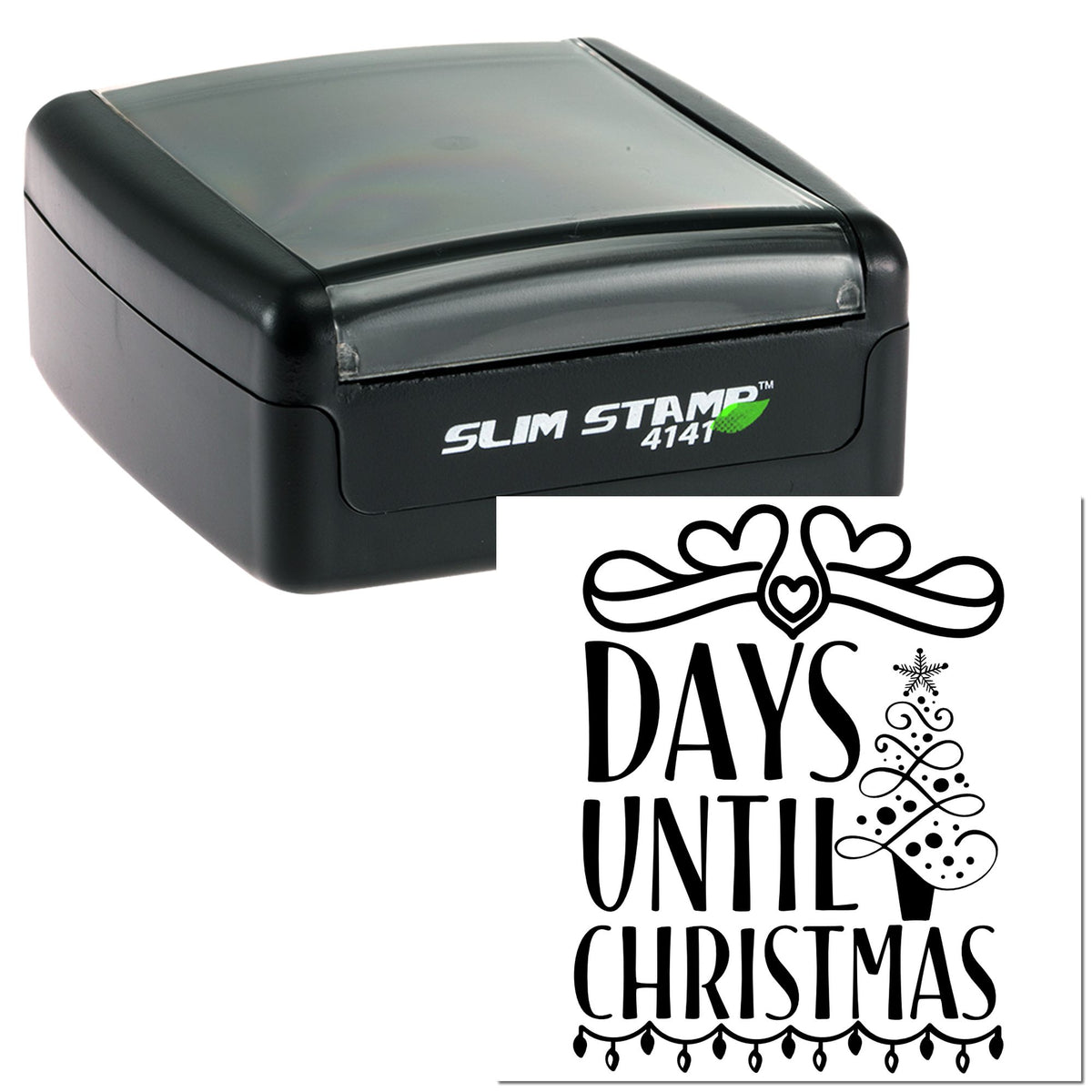 Black Slim Stamp 4141 and Christmas seal design with Days Until Christmas, hearts, snowflake, and hanging lights.
