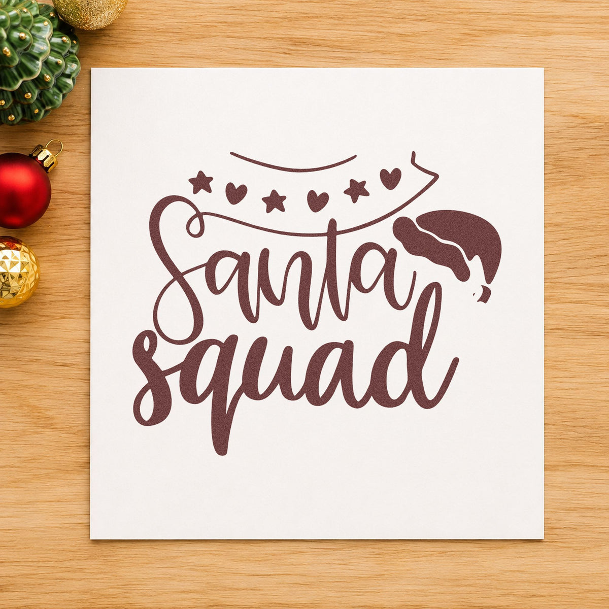 Santa Squad Heart Garland rubber stamp printed in brown ink, ready for header arc sheet and similar paper crafts.
