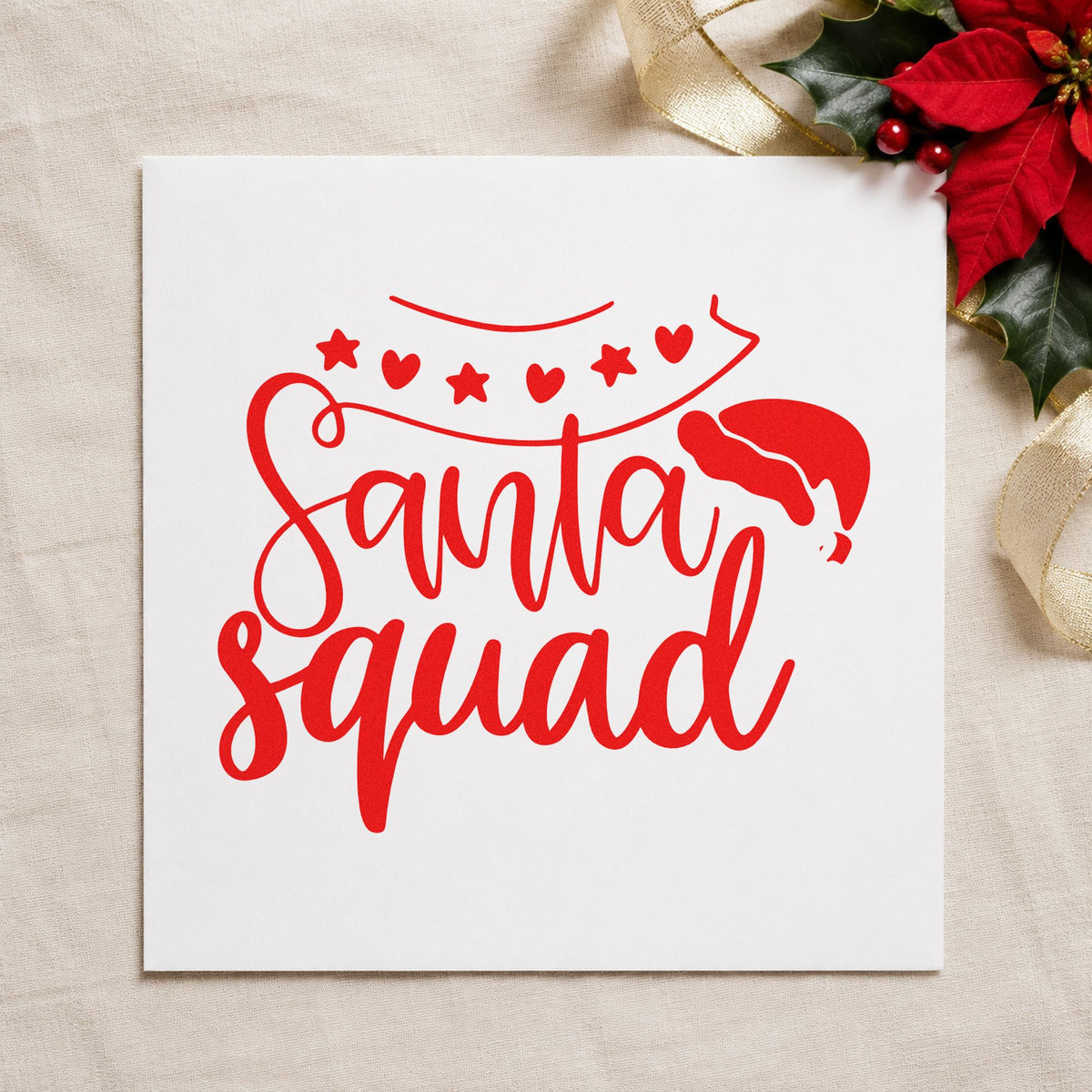 Santa Squad Heart Garland rubber stamp shown in red ink, stamped for projects such as shelf top labels.