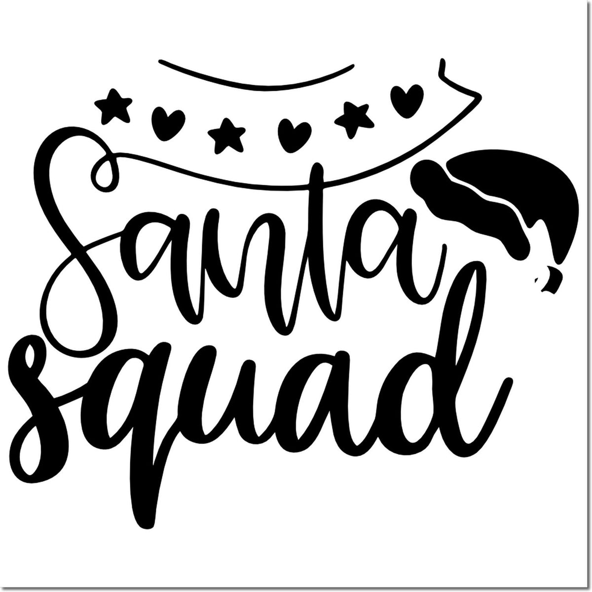 Black Santa Squad stamp design with stars, hearts, and Santa hat on a white background.
