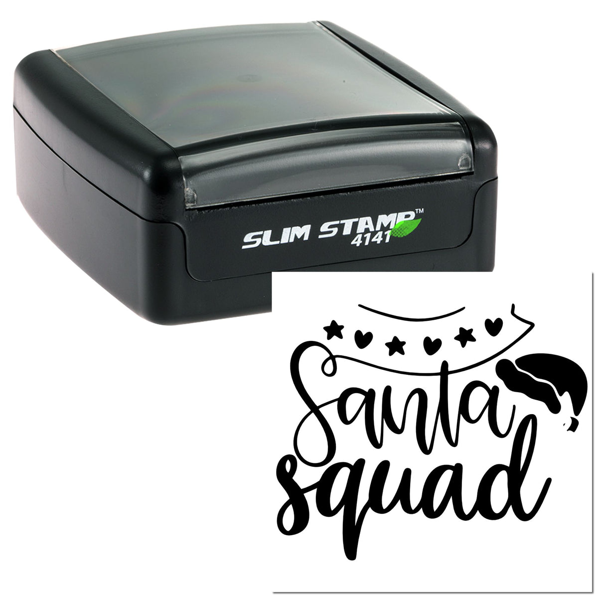 Black Slim Stamp self-inking stamp and Santa Squad seal design with stars, hearts, and Santa hat accents.