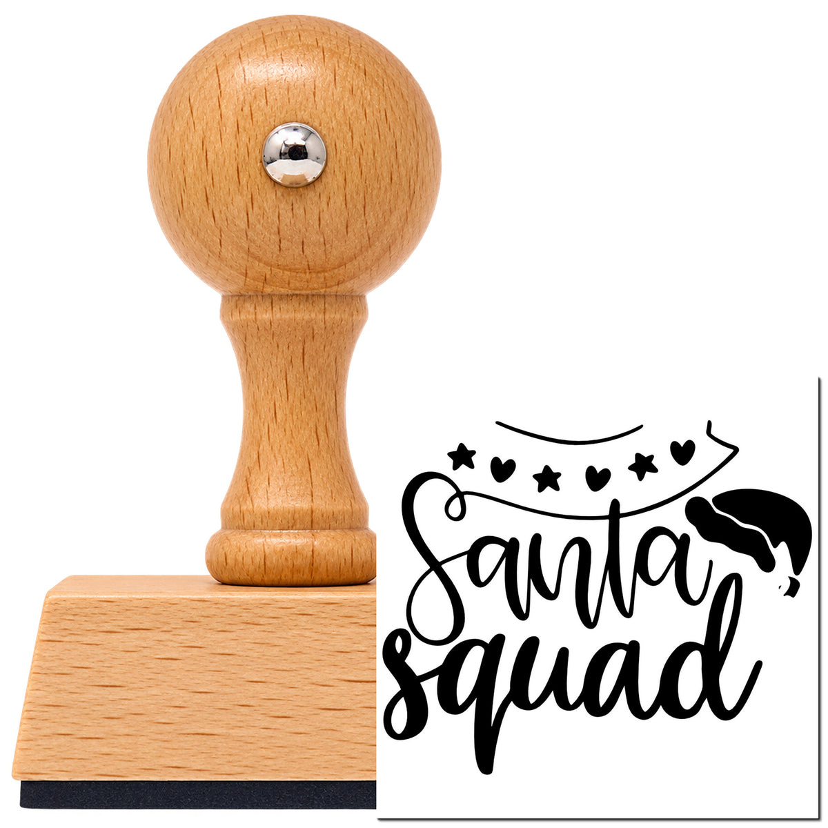 Vintage Pro beech wood stamp with a round knob handle, shown with its black Santa Squad Heart Garland imprint on white.