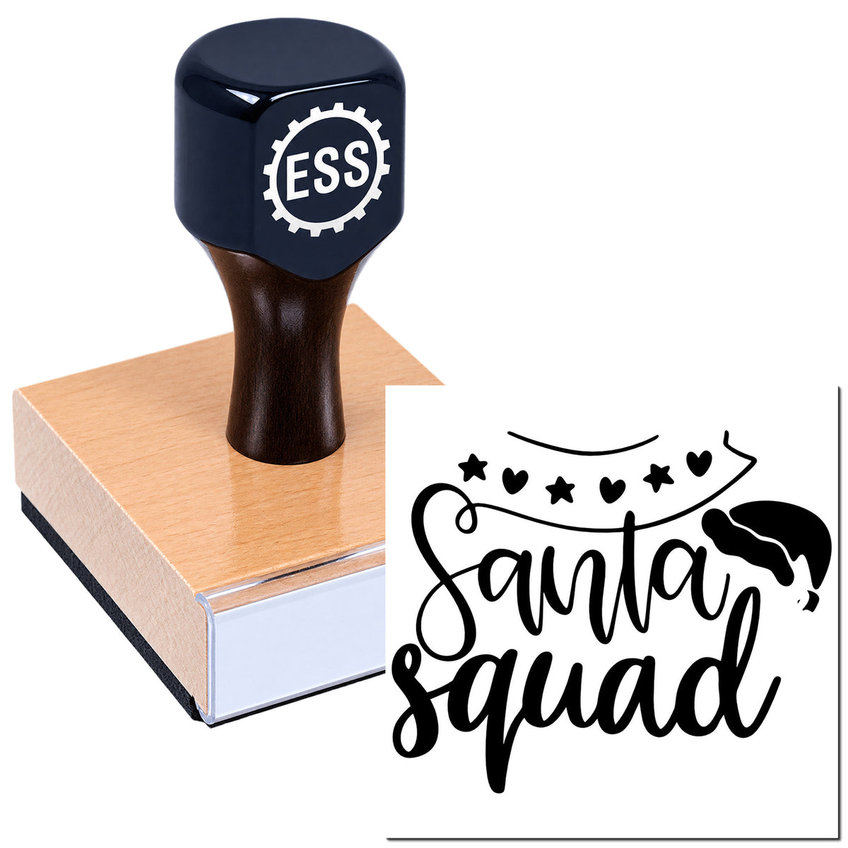 Dark blue ESS stamp and seal on wooden block with Santa Squad design in black script, hearts, stars, and Santa hat