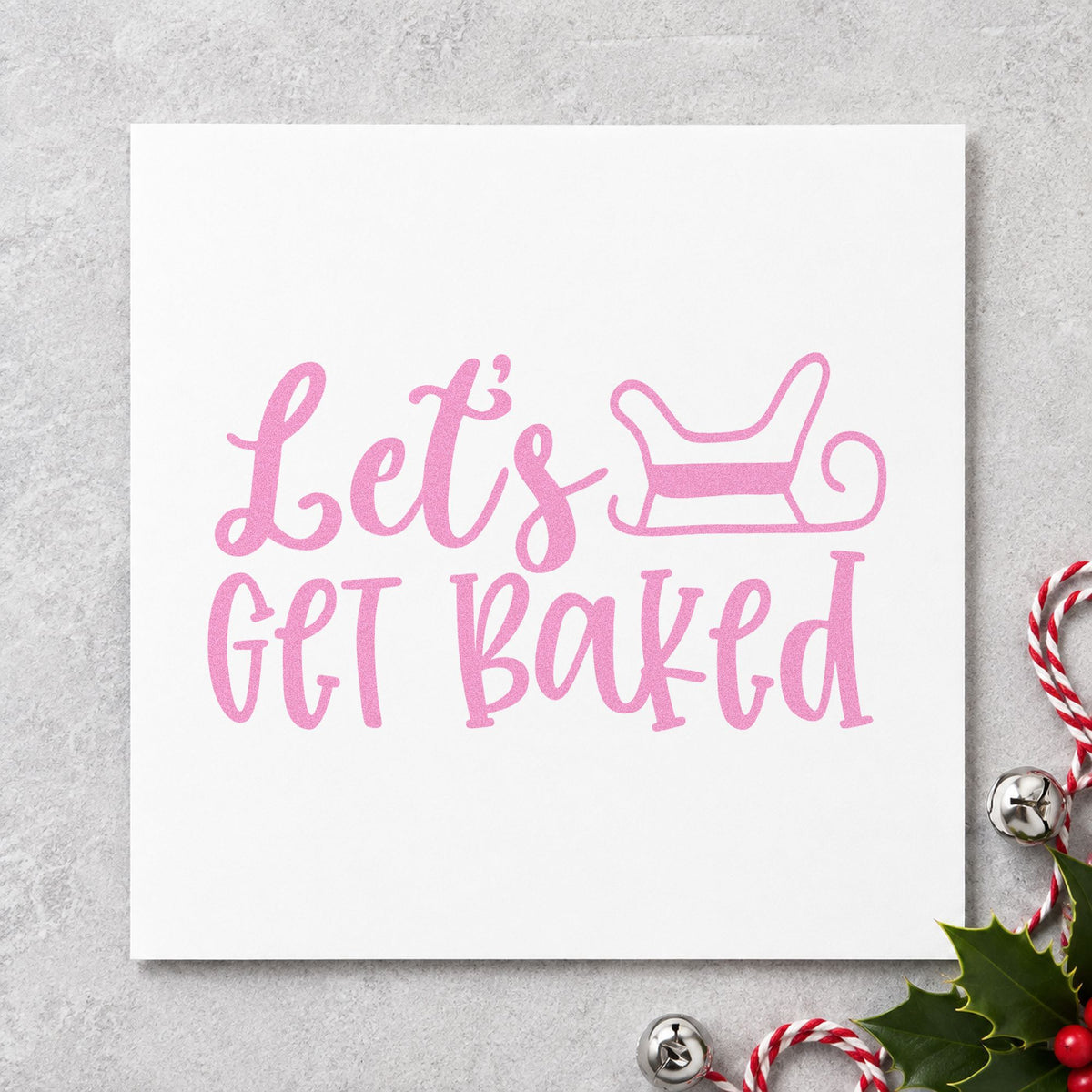 Let's Get Baked Sleigh craft stamp in purple ink on cardstock, an easy option for road trip album page.