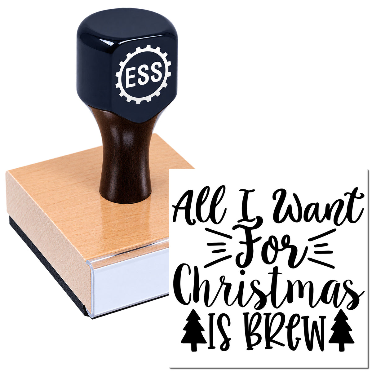 Dark navy custom stamp and seal on a wooden block, featuring black script: "All I Want for Christmas Is Brew."
