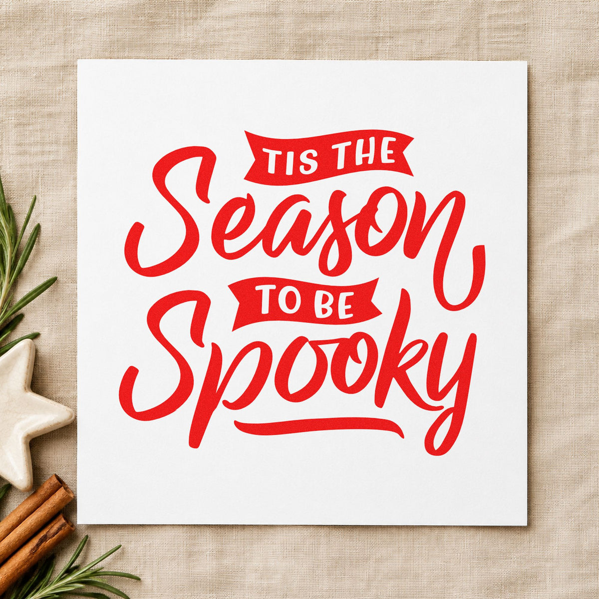 Season To Be Spooky craft stamp in red ink on cardstock, an easy option for tote bag printing.