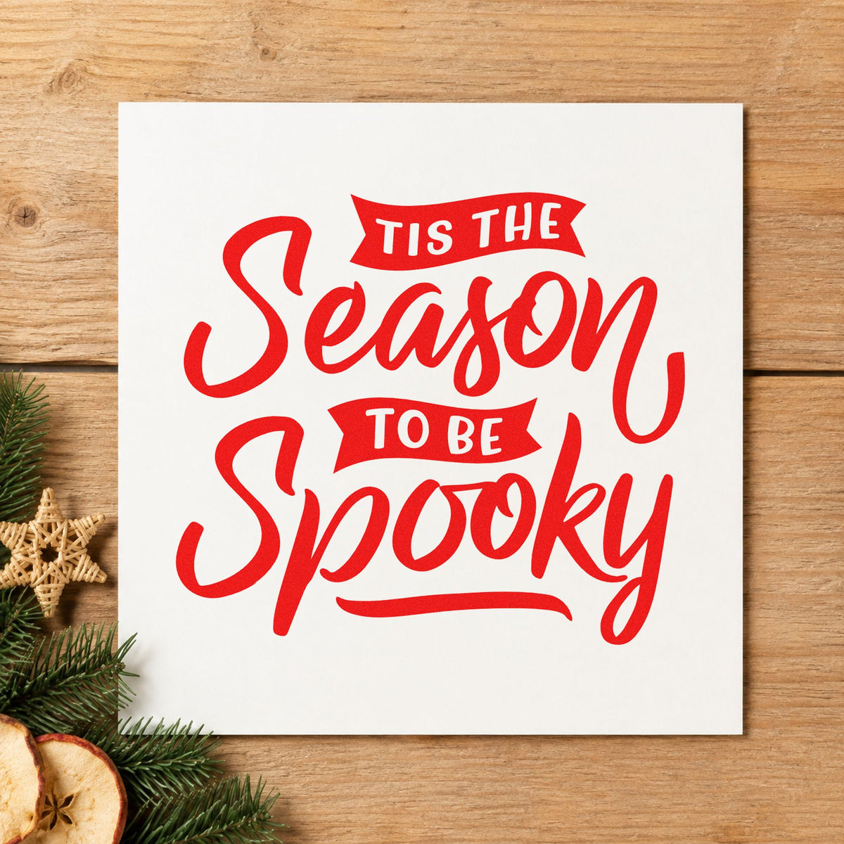 Season To Be Spooky rubber stamp shown in red ink, stamped for projects such as prop crate labels.