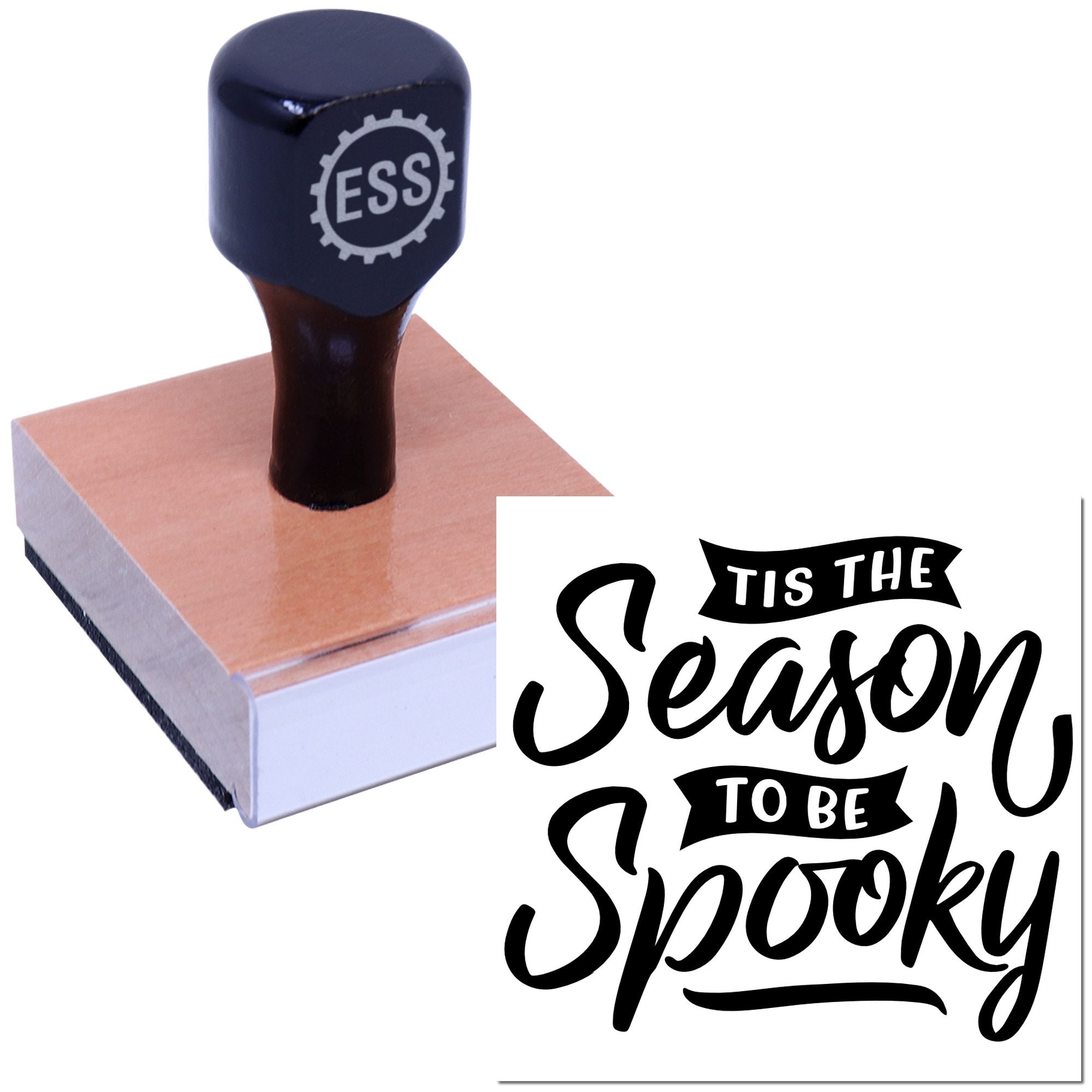 Dark navy ESS rubber stamp on wooden block beside black Tis the Season to be Spooky seal design on white.
