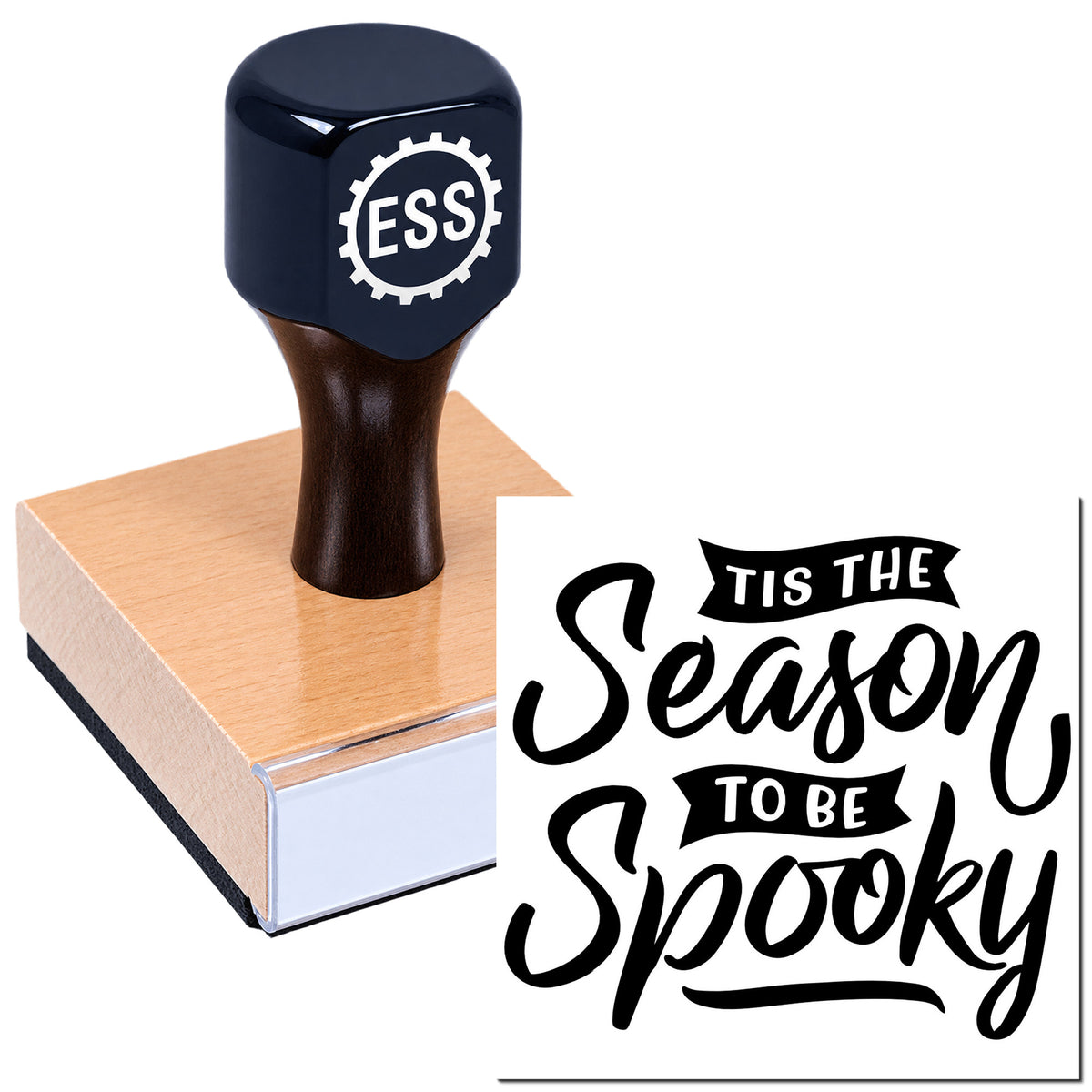 Dark navy ESS rubber stamp on wooden block beside black "Tis the Season to be Spooky" seal design on white.