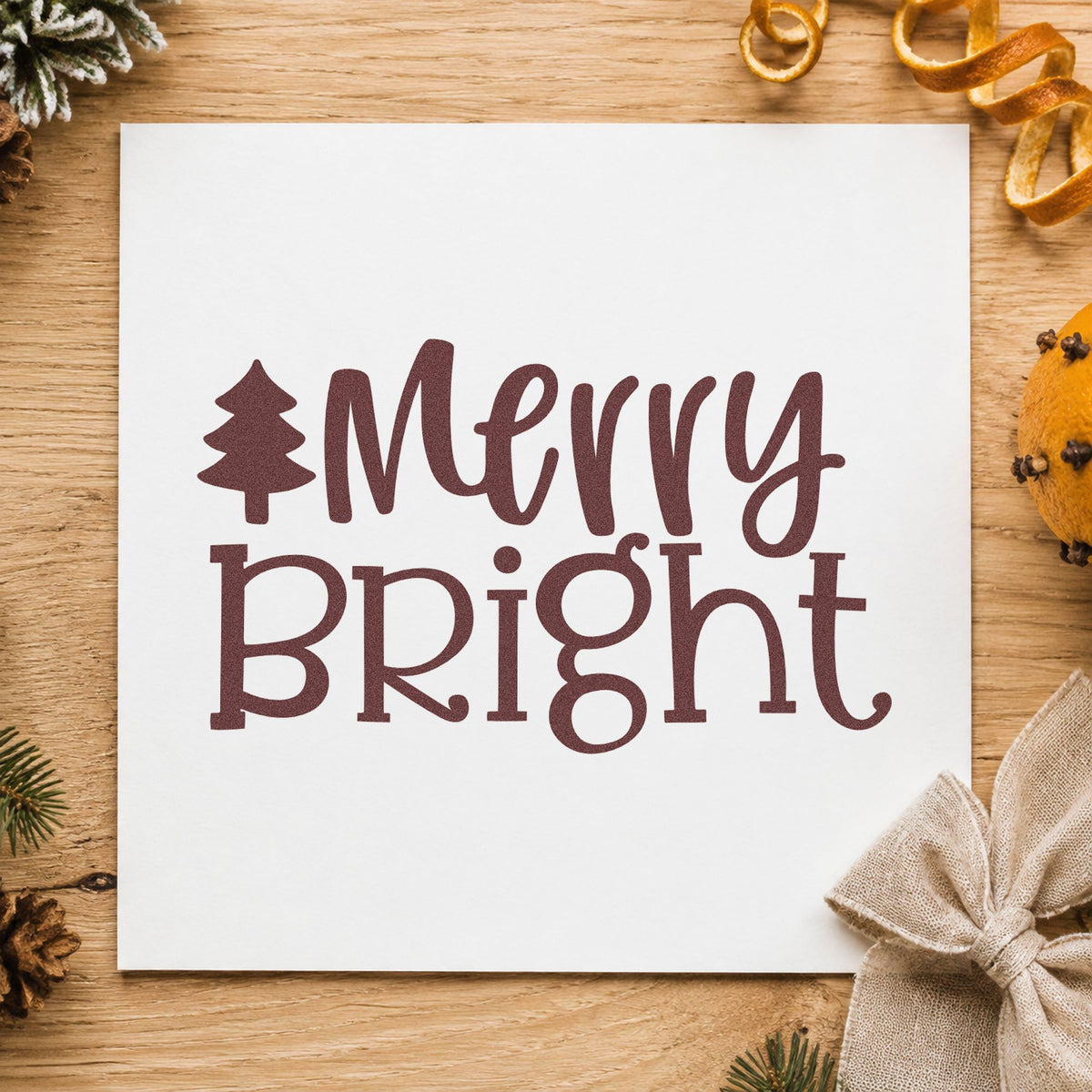 Merry Bright Christmas Tree rubber stamp printed in brown ink, ready for short note sheet and similar paper crafts.