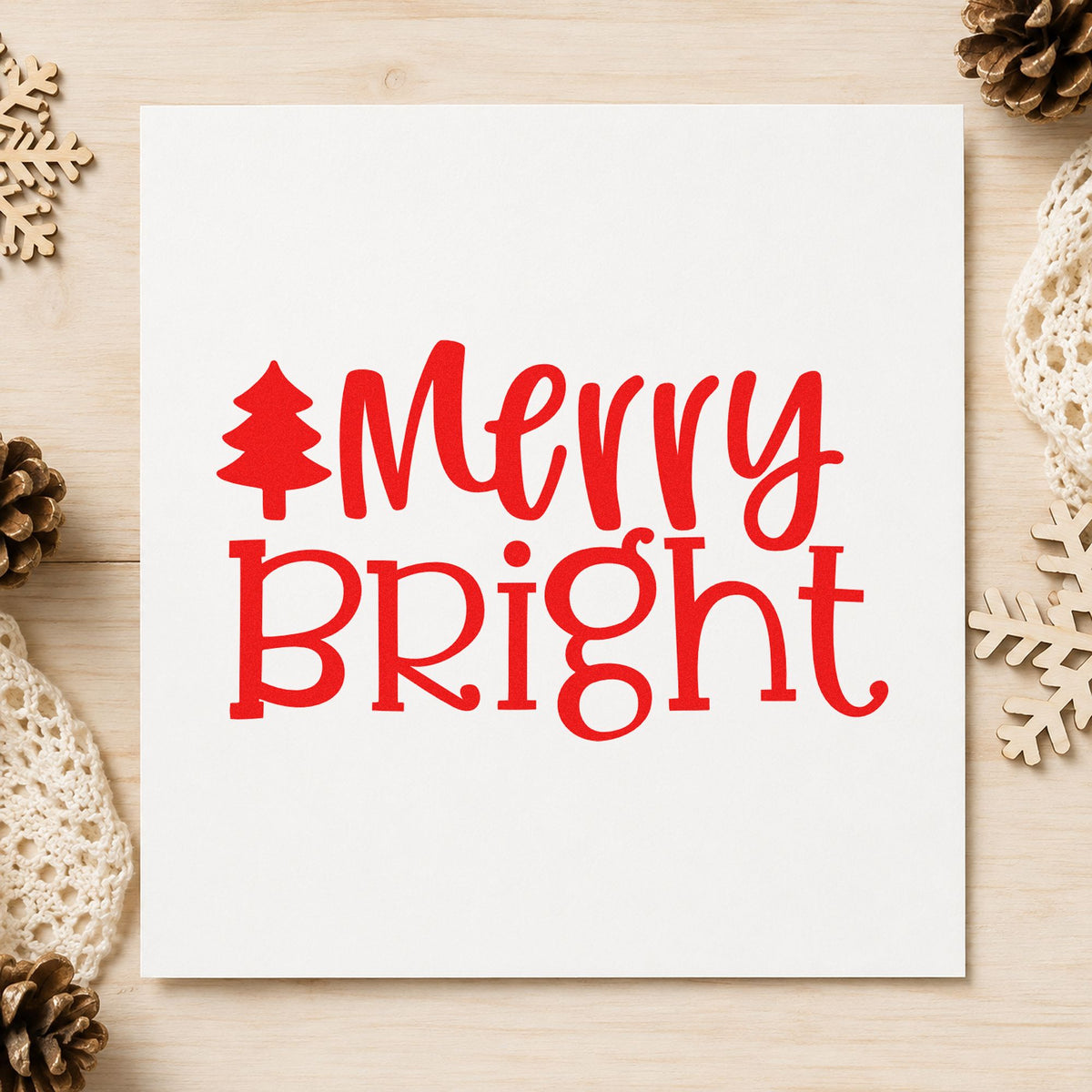 Merry Bright Christmas Tree craft stamp in red ink on cardstock, an easy option for napkin corner ink.