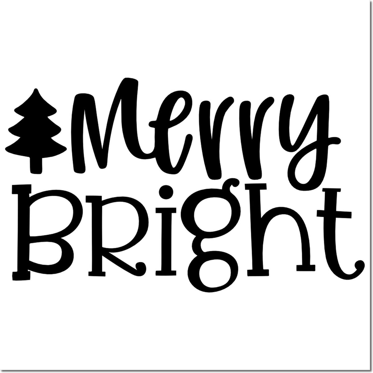 Black Merry Bright holiday stamp/seal with pine tree icon and bold mixed fonts on white.