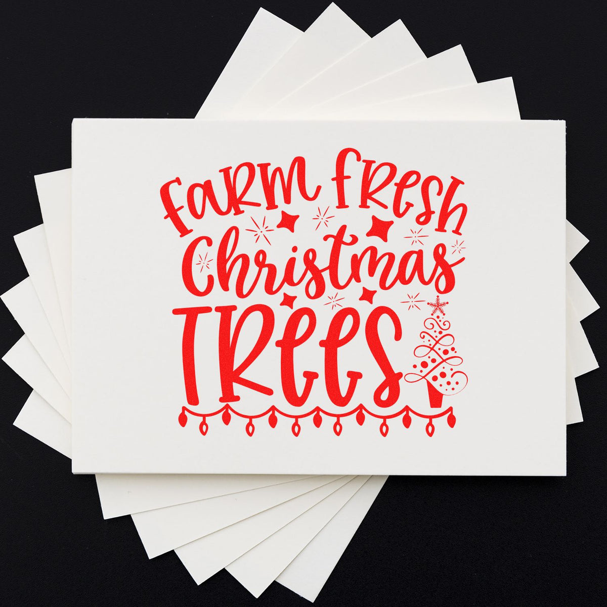 Red farm fresh Christmas trees stamp and seal design on white sheets, with lights, stars and a holiday tree.
