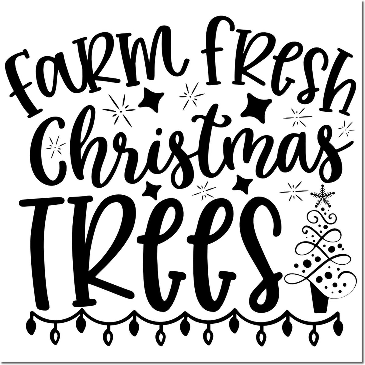 Black farm fresh Christmas trees stamp seal with stars, snowflake, and holiday string lights on white background.