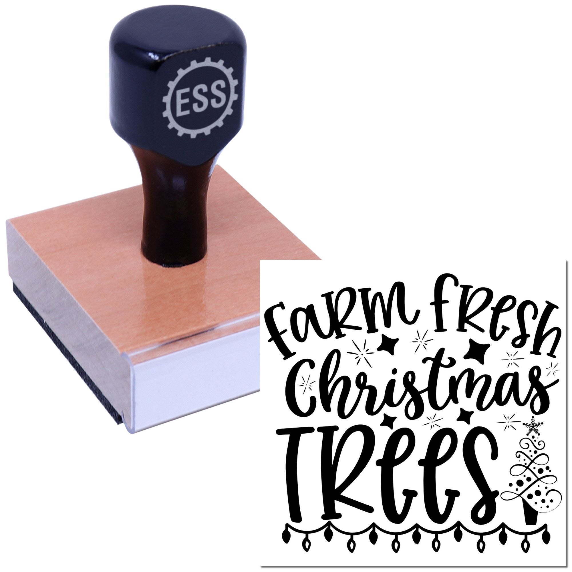 Navy ESS rubber stamp and seal on a copper block with black Farm Fresh Christmas Trees design on white