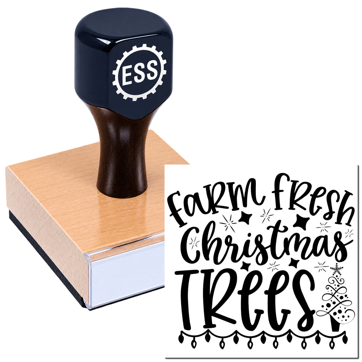 Navy ESS rubber stamp and seal on a copper block with black "Farm Fresh Christmas Trees" design on white