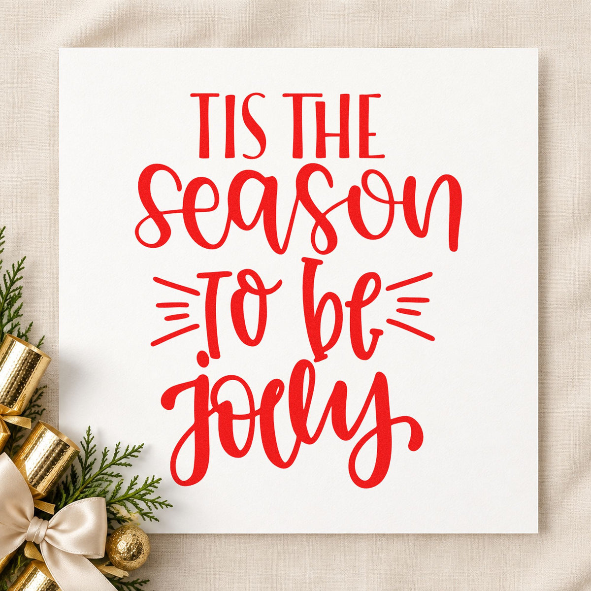 Tis The Season Jolly rubber stamp shown in red ink, stamped for projects such as priority bin labels.