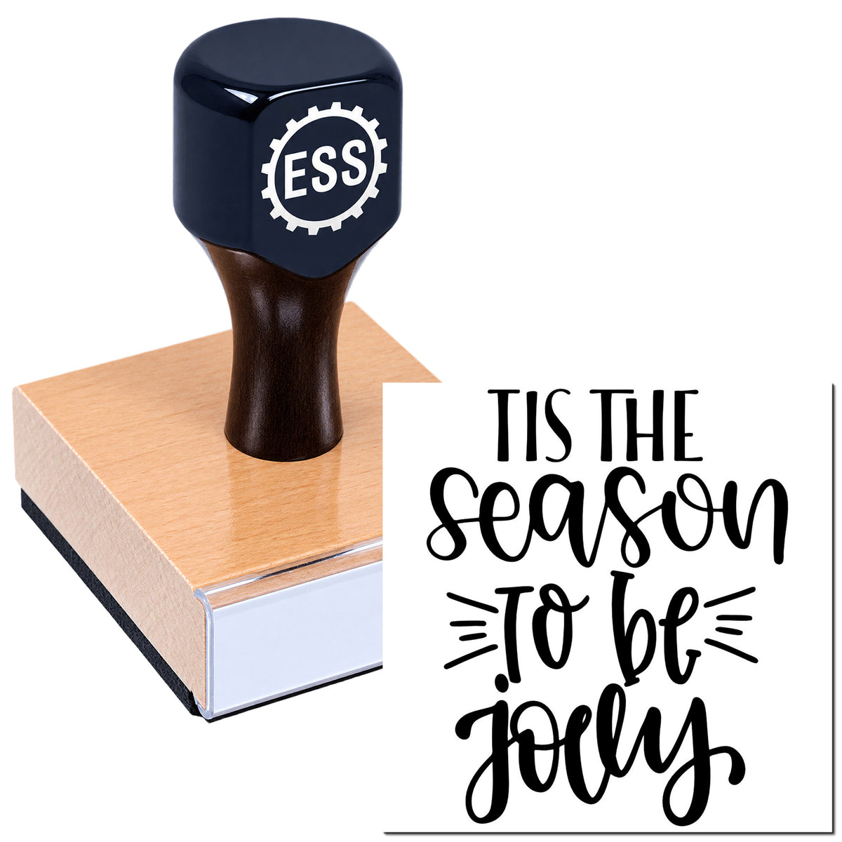 Black ESS custom stamp on tan block beside white holiday seal reading "Tis the season to be jolly".