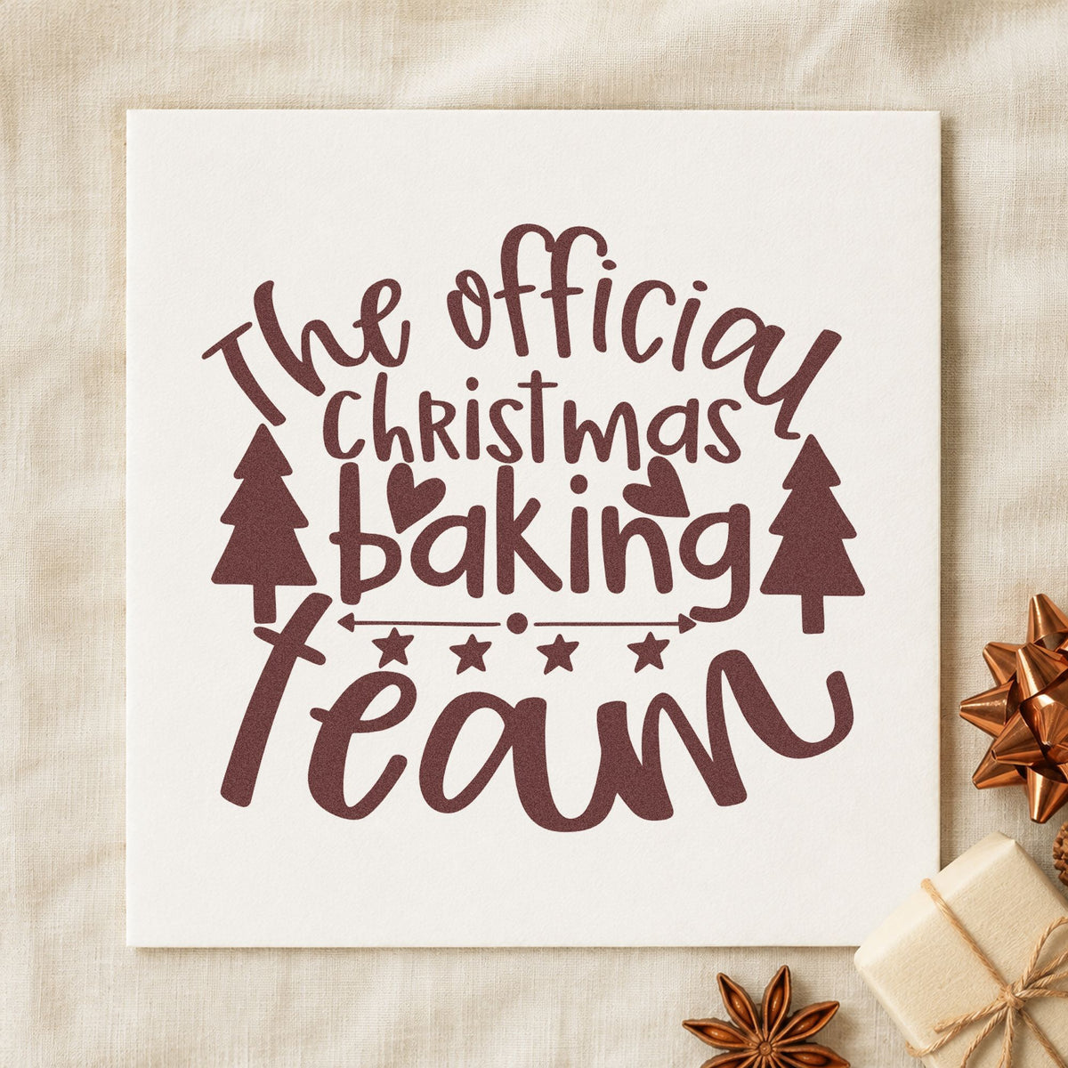Official Christmas Baking Team rubber stamp printed in brown ink, ready for matchup order sheet and similar paper crafts.