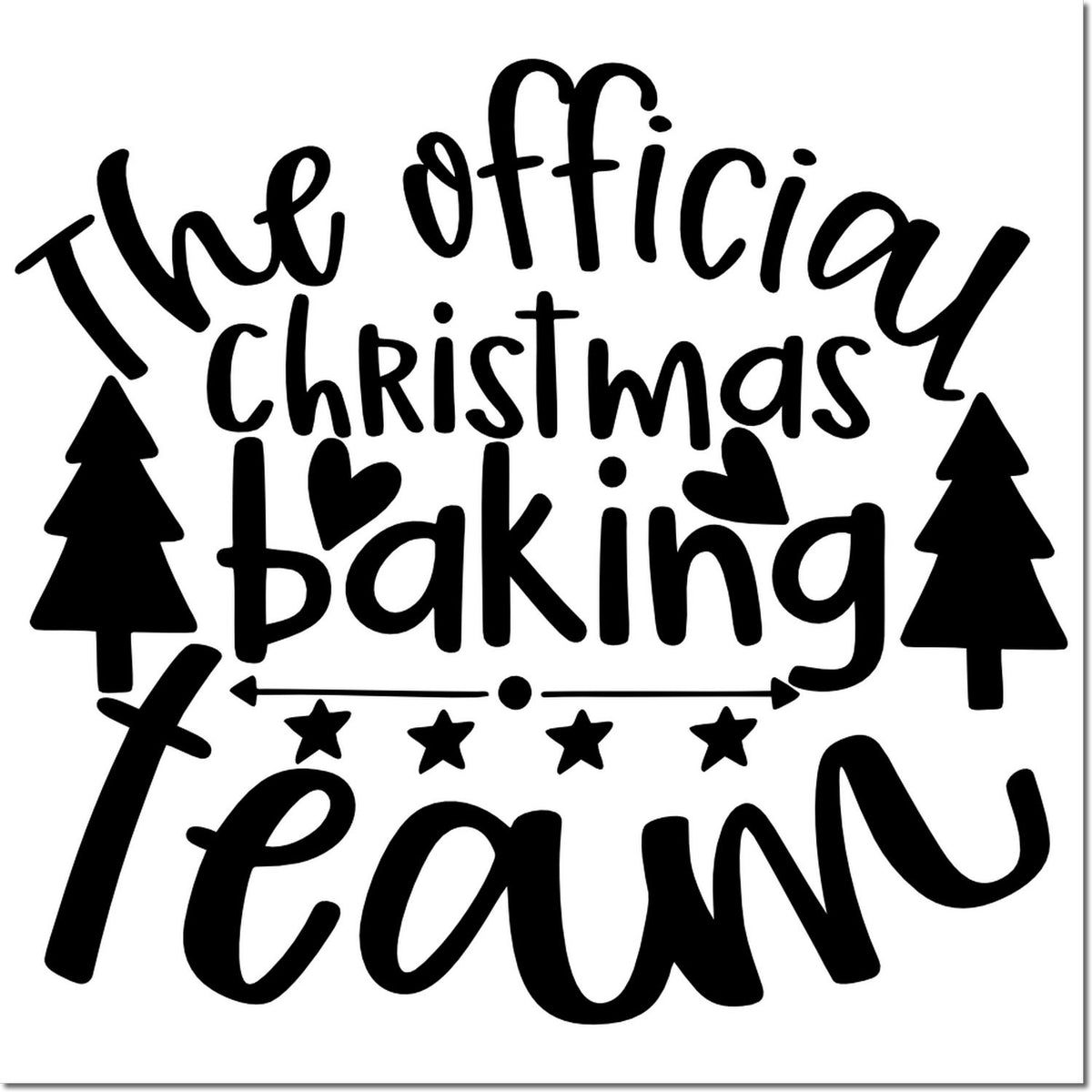 Black holiday baking stamp seal with hand-lettered The Official Christmas Baking Team, trees, stars and hearts.