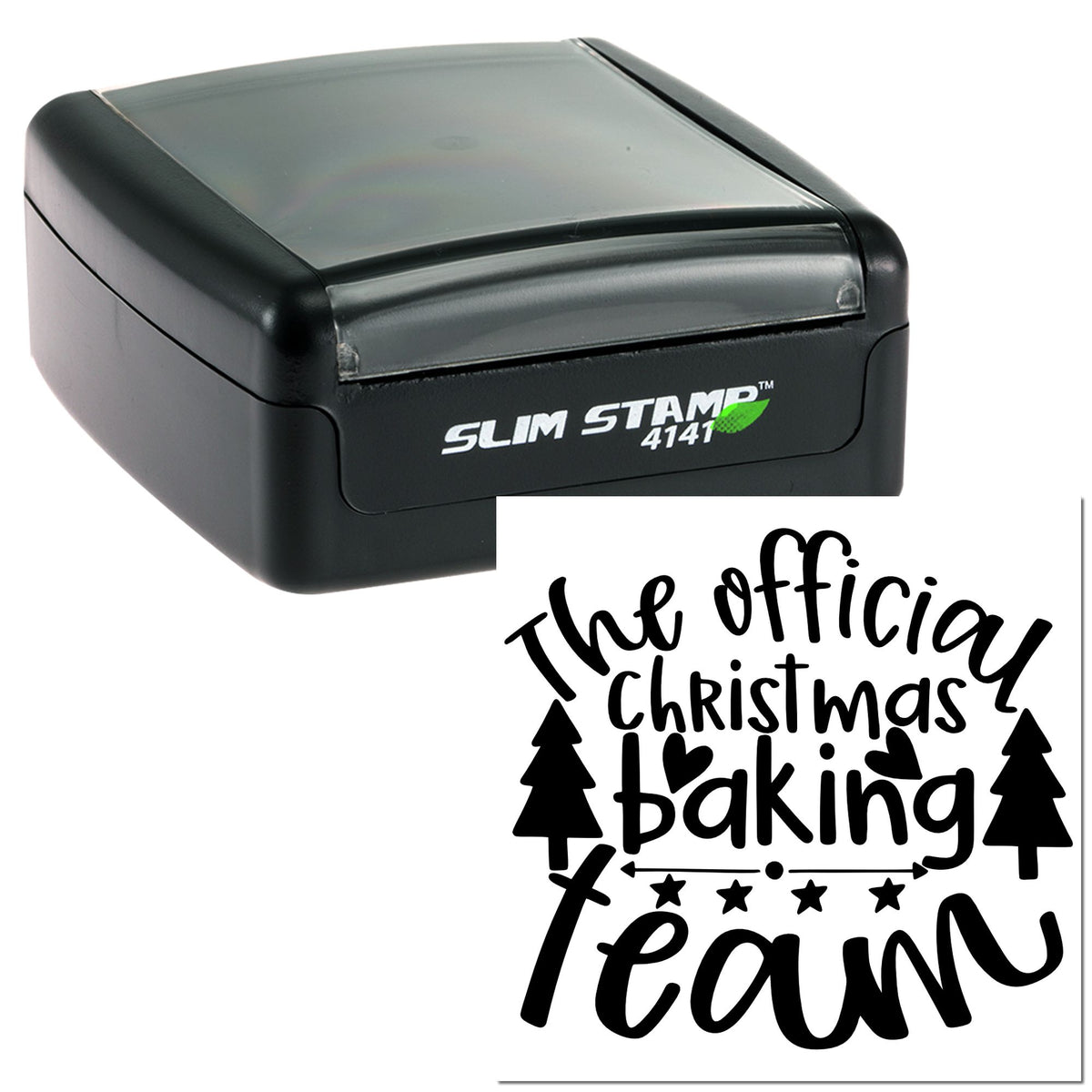 Black Slim Stamp 4141 and crisp black seal reading The official Christmas baking team with trees, hearts and stars.