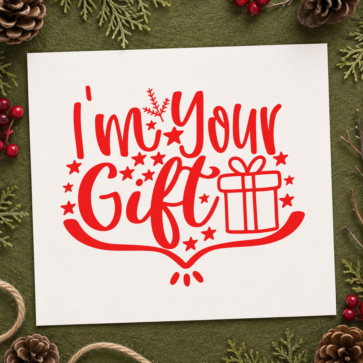 I'm Your Gift Present rubber stamp shown in red ink, stamped for projects such as keepsake tin labels.