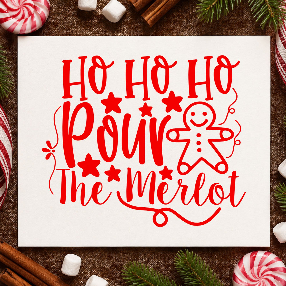 Ho Ho Ho Pour Merlot rubber stamp shown in red ink, stamped for projects such as rack slot labels.
