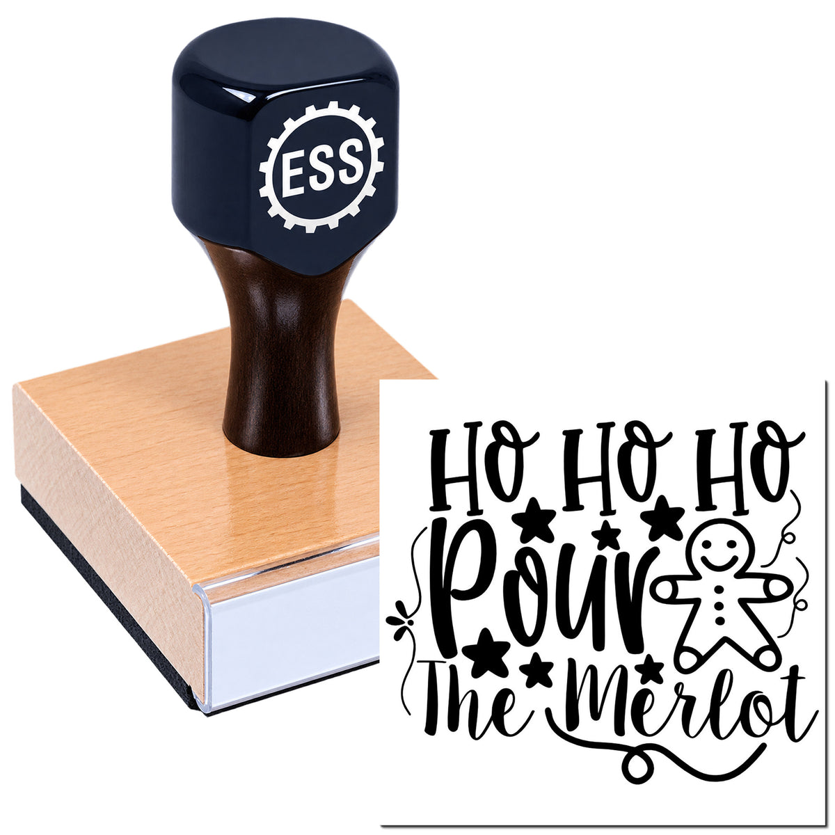 Dark blue ESS rubber stamp on wooden block beside a black holiday seal design reading "Ho Ho Ho pour the Merlot" with gingerbread man.