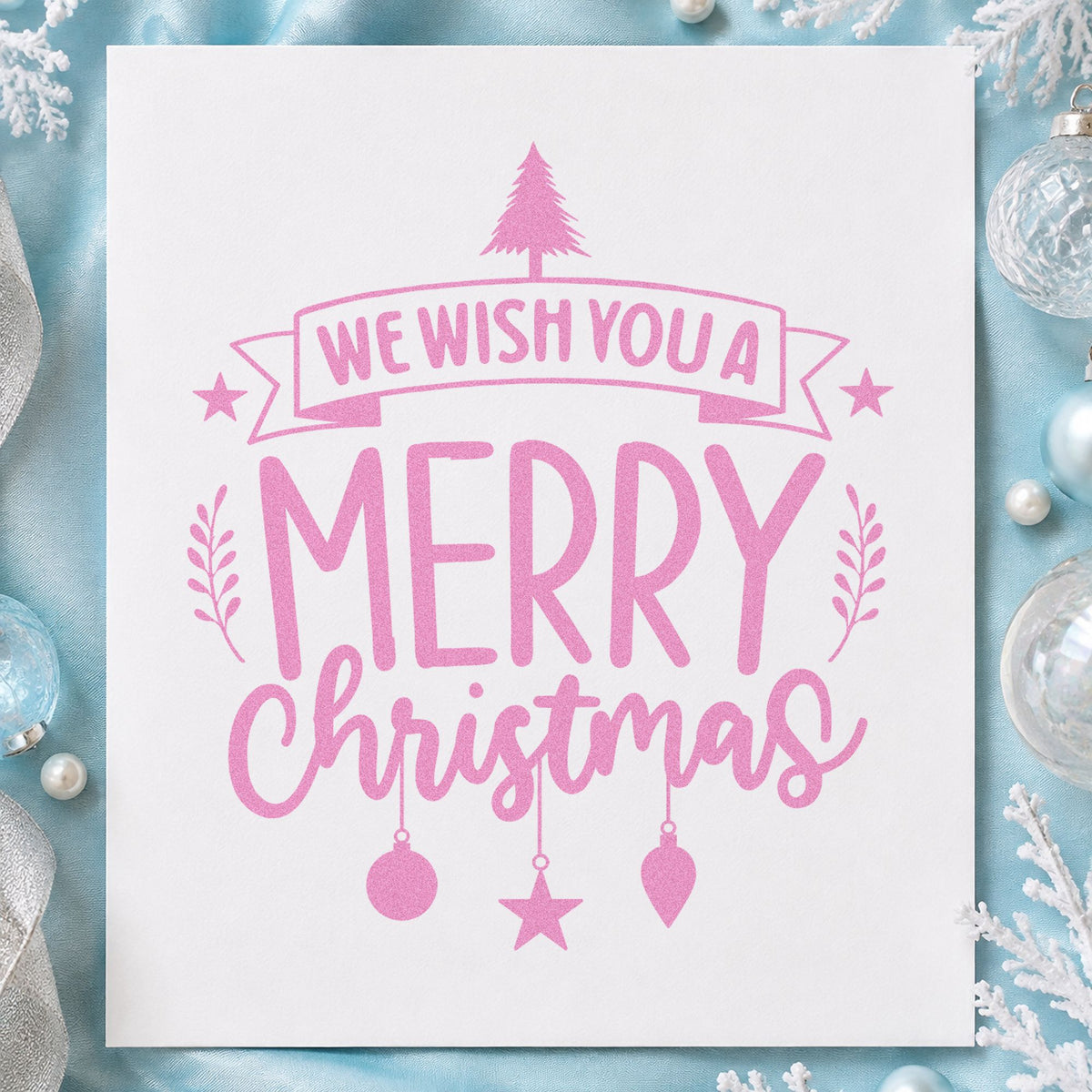 We Wish You Merry Christmas craft stamp in purple ink on cardstock, an easy option for full page album.