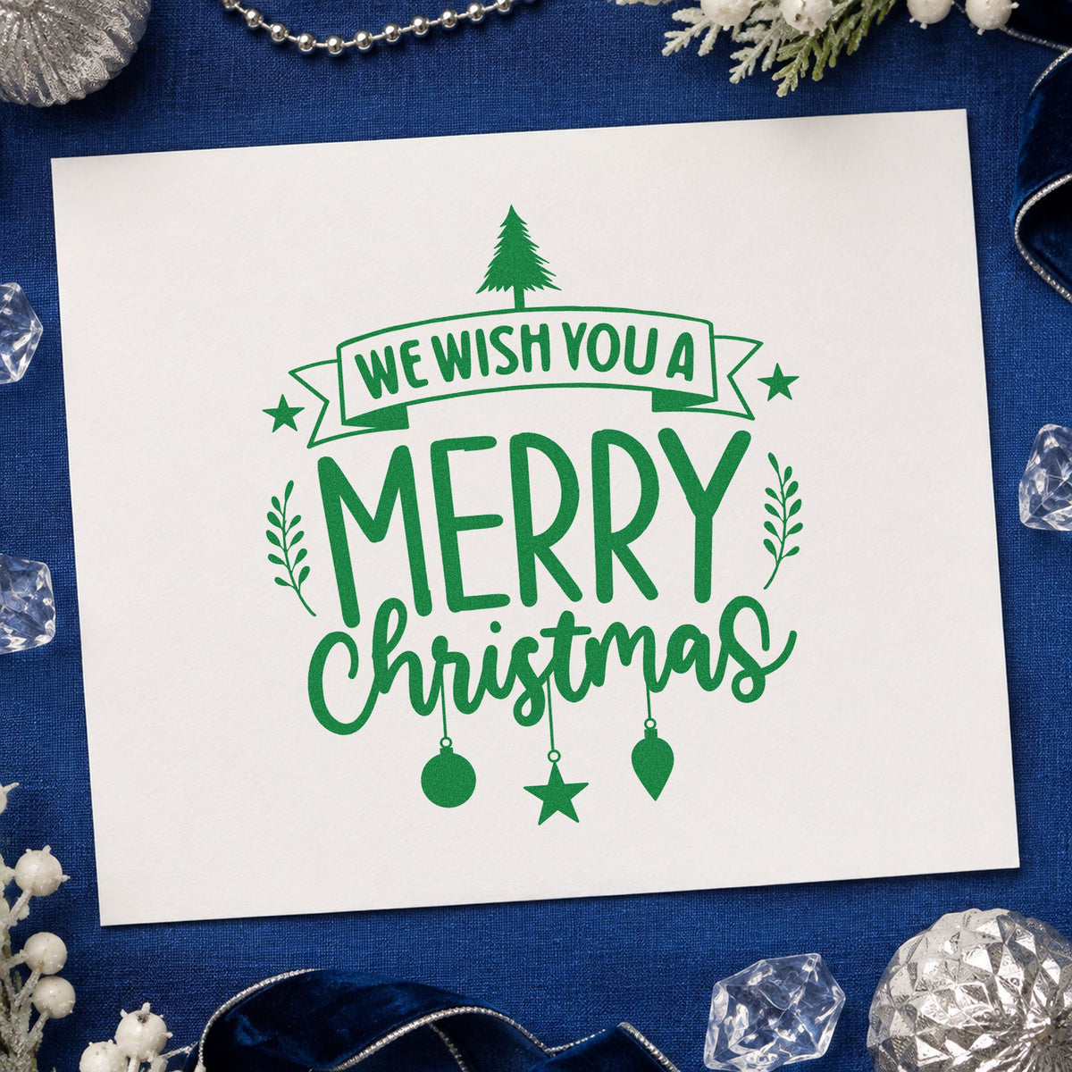 We Wish You Merry Christmas craft stamp imprint in green ink on a handmade project, one idea being big tag gift tags.