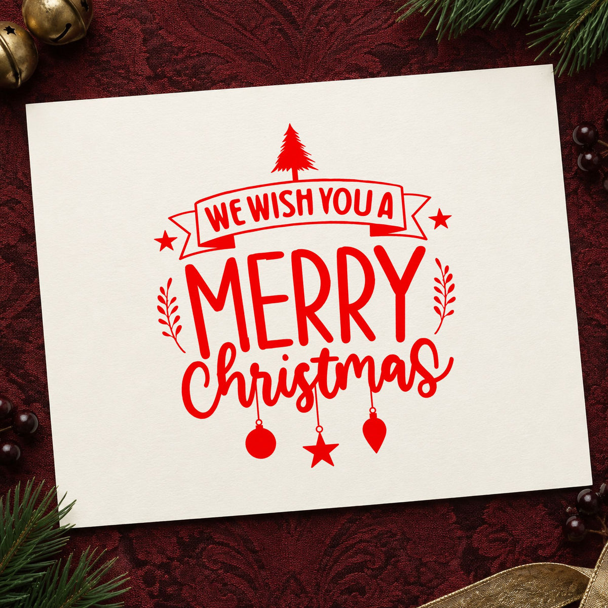 We Wish You Merry Christmas rubber stamp shown in red ink, stamped for projects such as crate front labels.